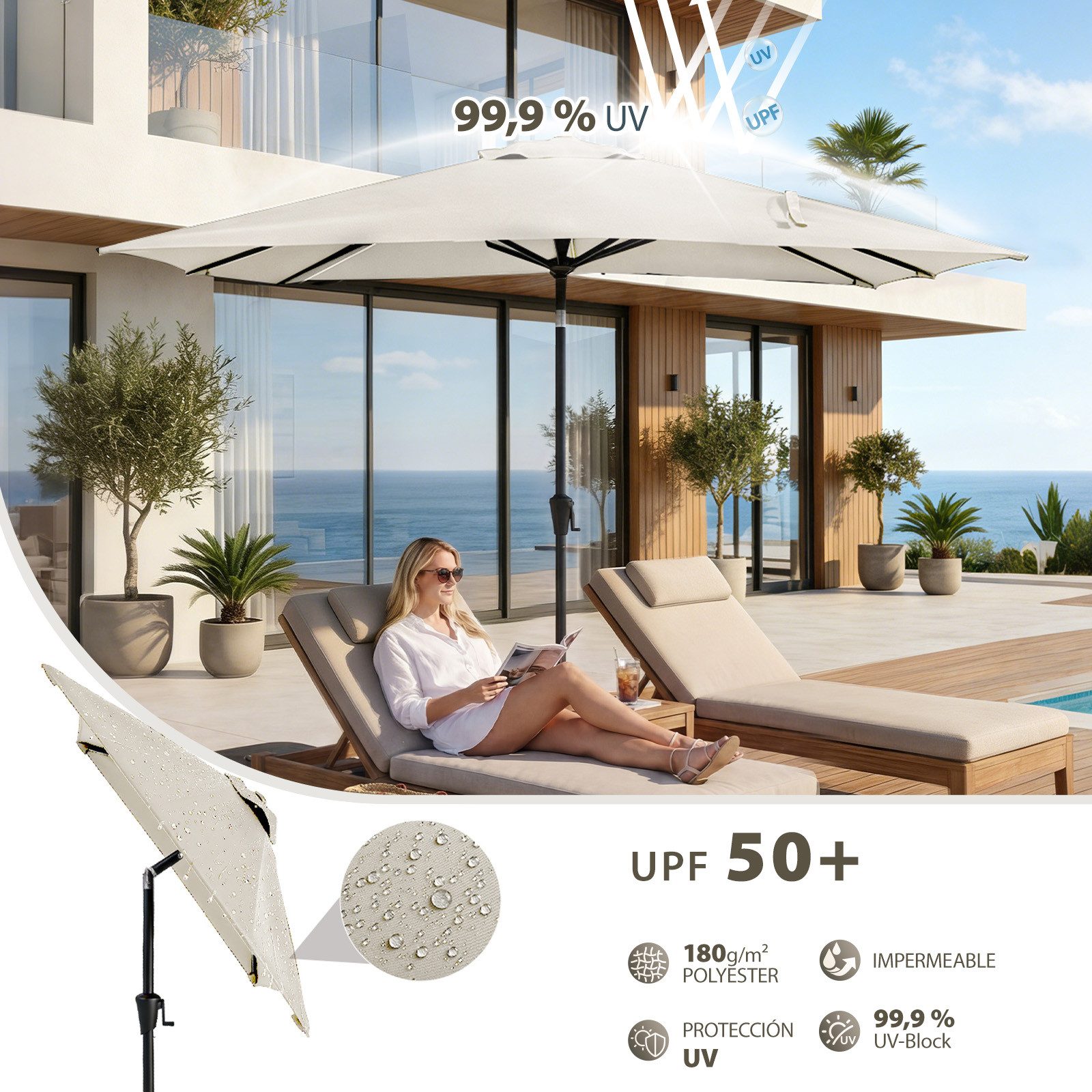 Sekey Sonnenschirm Rechteckig mit Kurbel Gartenschirm Groß Marktschirm UV Schutz, LxB: 210,00x140 cm, Sonnenschirm 210 x 140, 30° Knickbar, UV 50+, für Garten, Terrasse