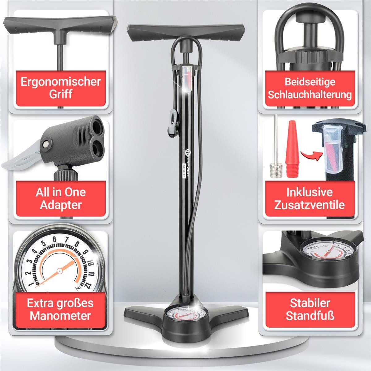 HEIMWERT Luftpumpe Fahrradpumpe Standpumpe für alle Ventile mit Manometer bis 12 bar