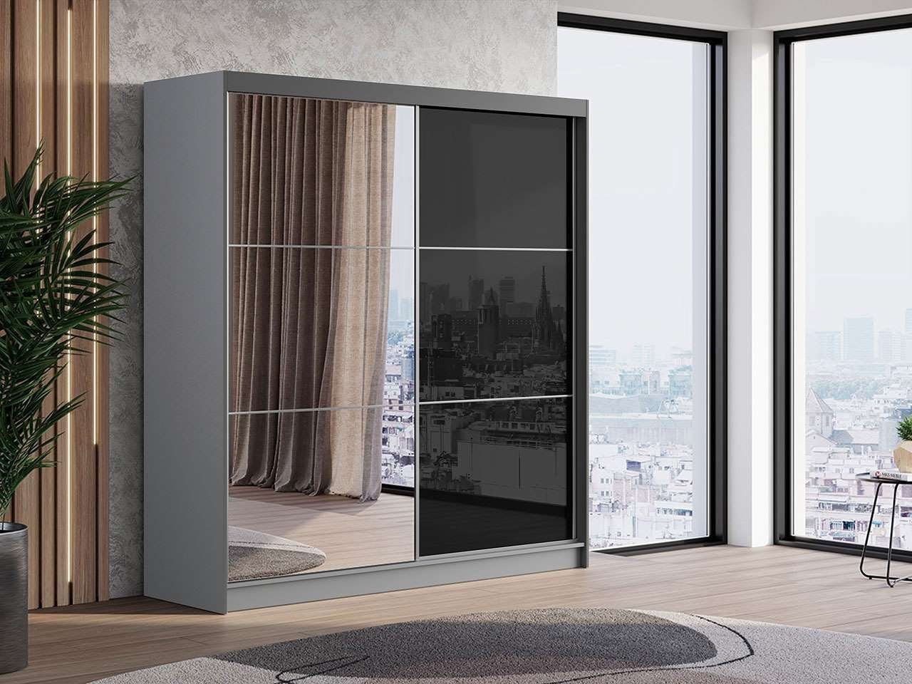 MKS MÖBEL Kleiderschrank VALENCIA Schiebeschrank 200 cm mit Spiegel an der Tür, Lacobel-Glas, Modern Schwarz