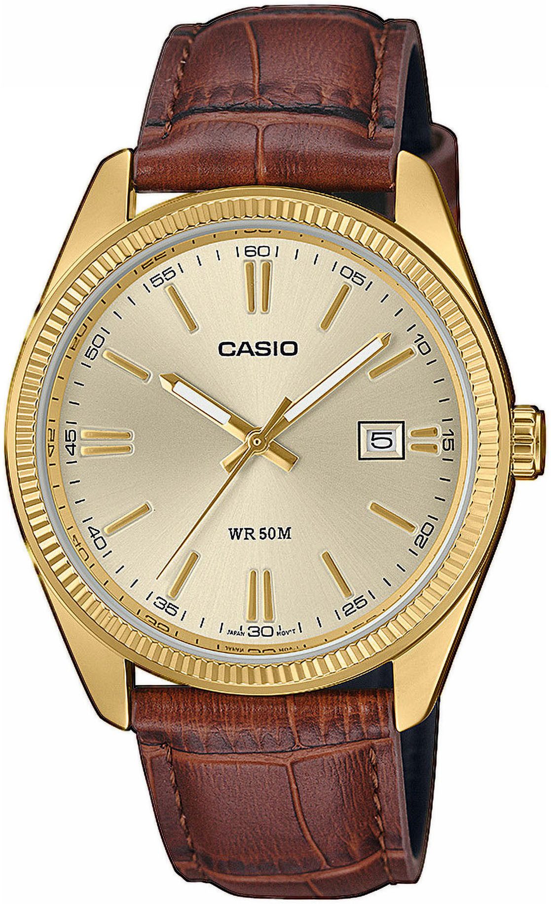 CASIO TIMELESS COLLECTION Quarzuhr MTP-1302PGL-9AVEF, Armbanduhr, Herrenuhr, Damenuhr, Lederarmband, Tag, Neo-Display