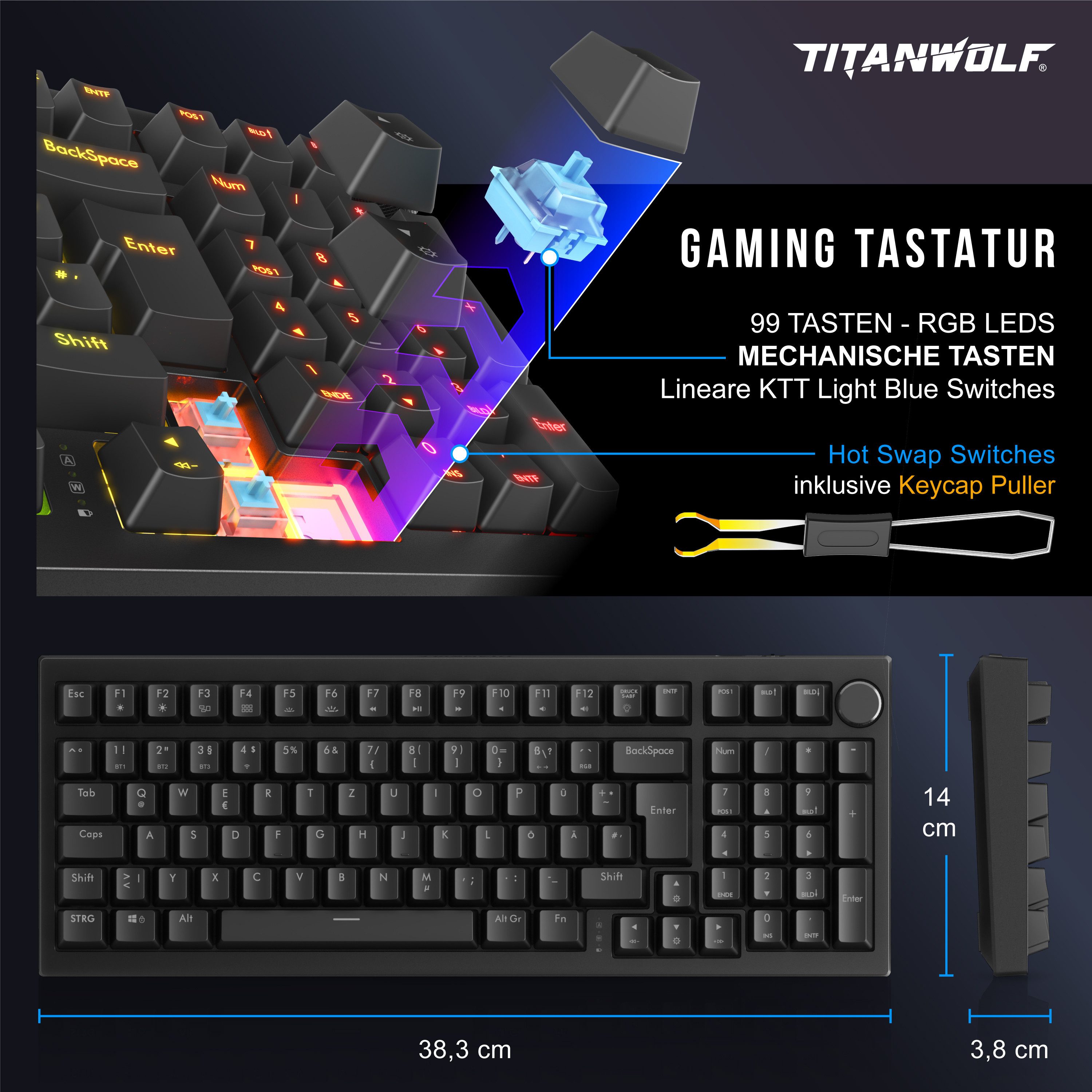 Titanwolf CLAW Gaming Tastatur, 99 Tasten mechanisch, RGB, Hot-Swap, QWERTZ Gaming-Tastatur (BT 2,4 GHz, Gasket Mount, 4000 mAh Akku, Drehregler, LED-Anzeige, NKRO)