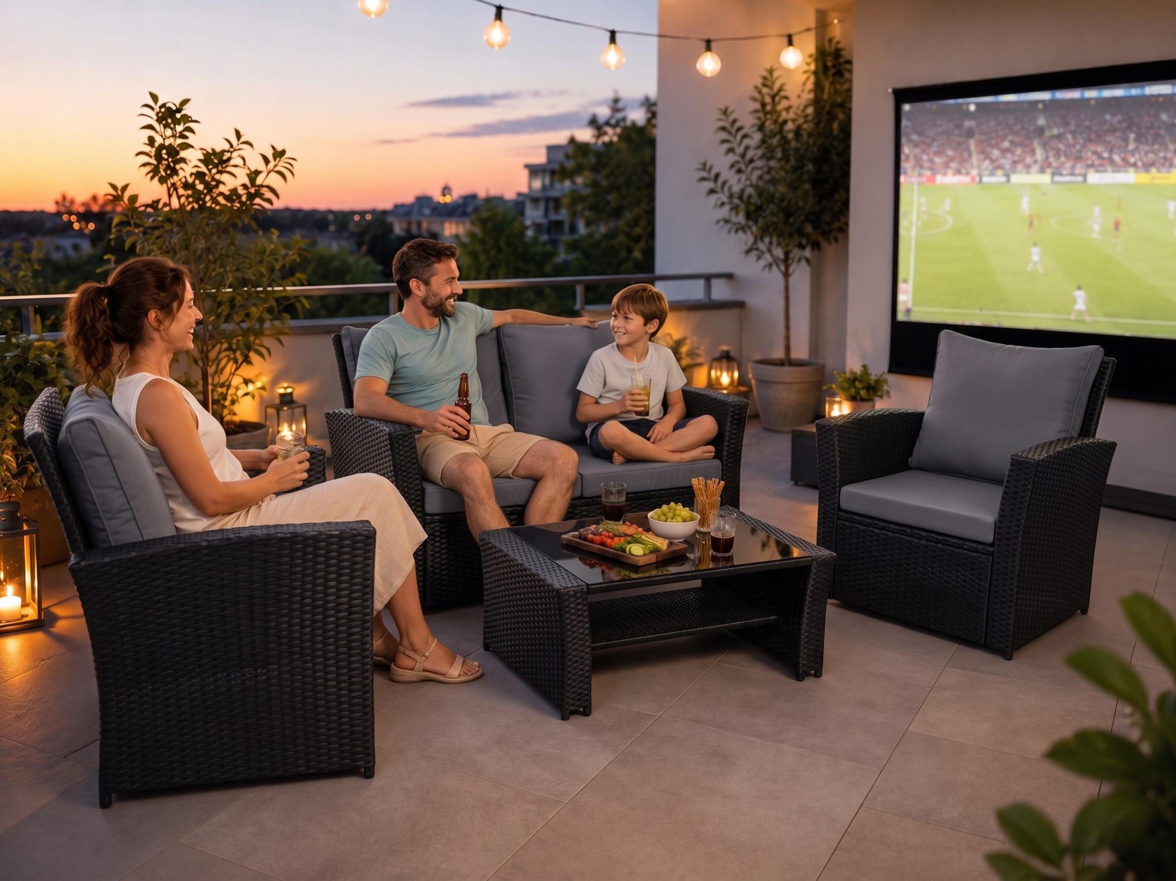MeXo Gartenlounge-Set Polyrattan Gartenmöbel Set für 4 Personen, wetterfest, (Balkonmöbel Set Sitzgruppe, 4-tlg., mit Tisch & Stauraum), hohe Rückenlehne 80 cm, breite Armlehnen 8 cm