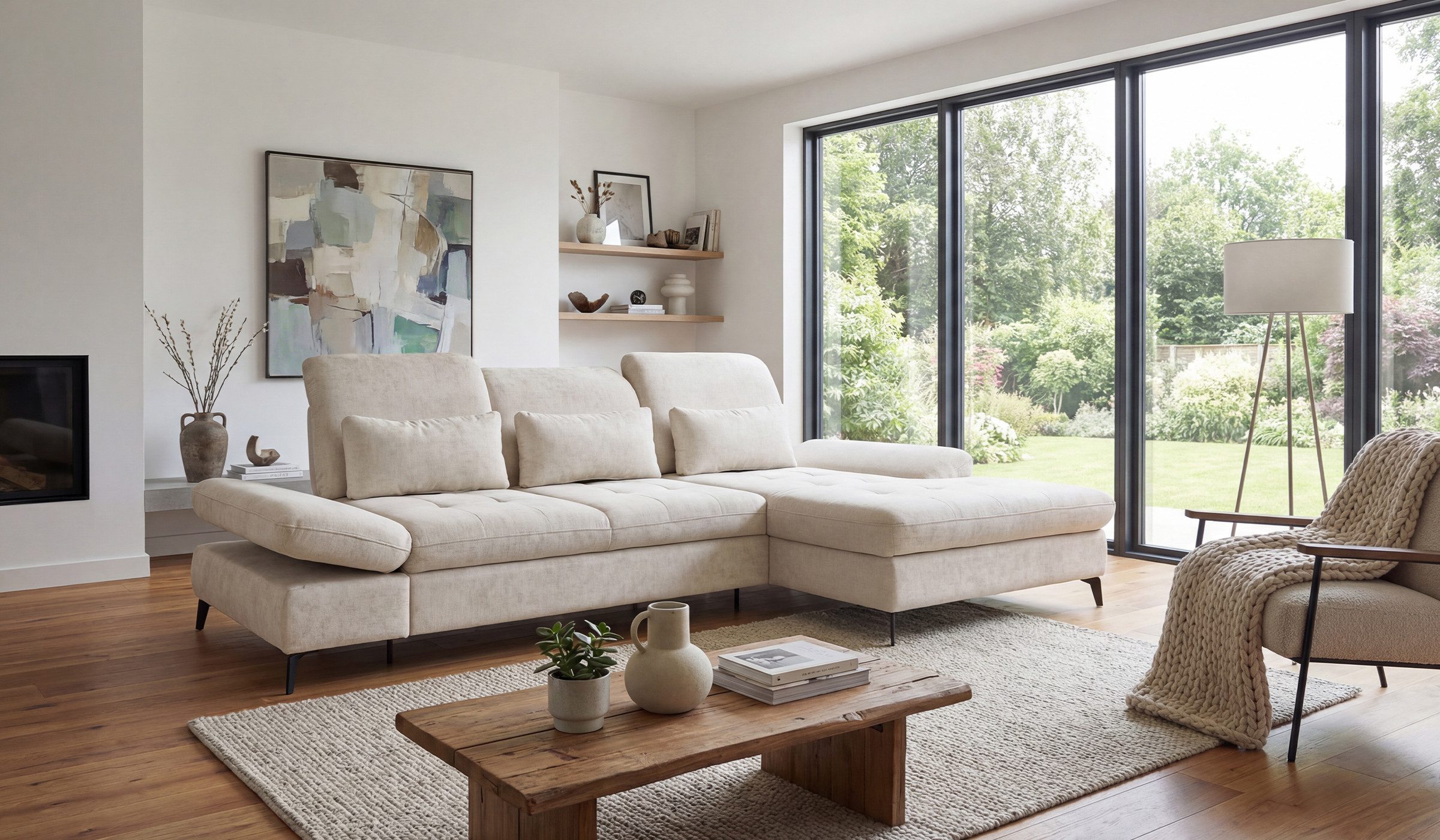 Hygger Möbelhaus Ecksofa Nola L-Form 300 x 170 cm. Wahlweise mit Bettfunktion und Bettkasten., Inkl. Sitztiefenverstellung, Kopfteilverstellung, Armteilverstellung, funktionales Design im minimalistischen Stil.