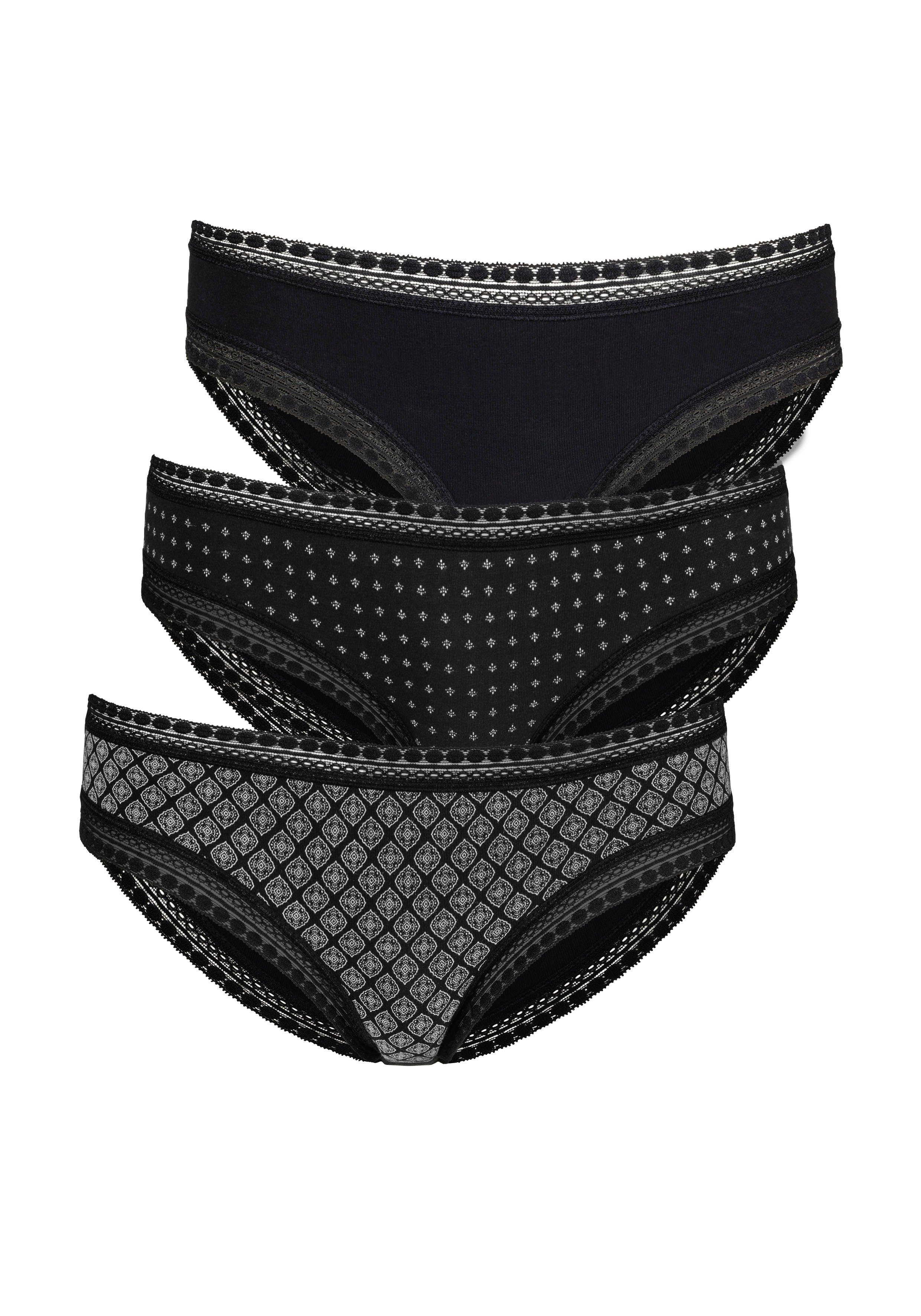 LASCANA Bikinislip (Packung, 3-St) aus elastischer Baumwolle mit weicher Spitze schwarz