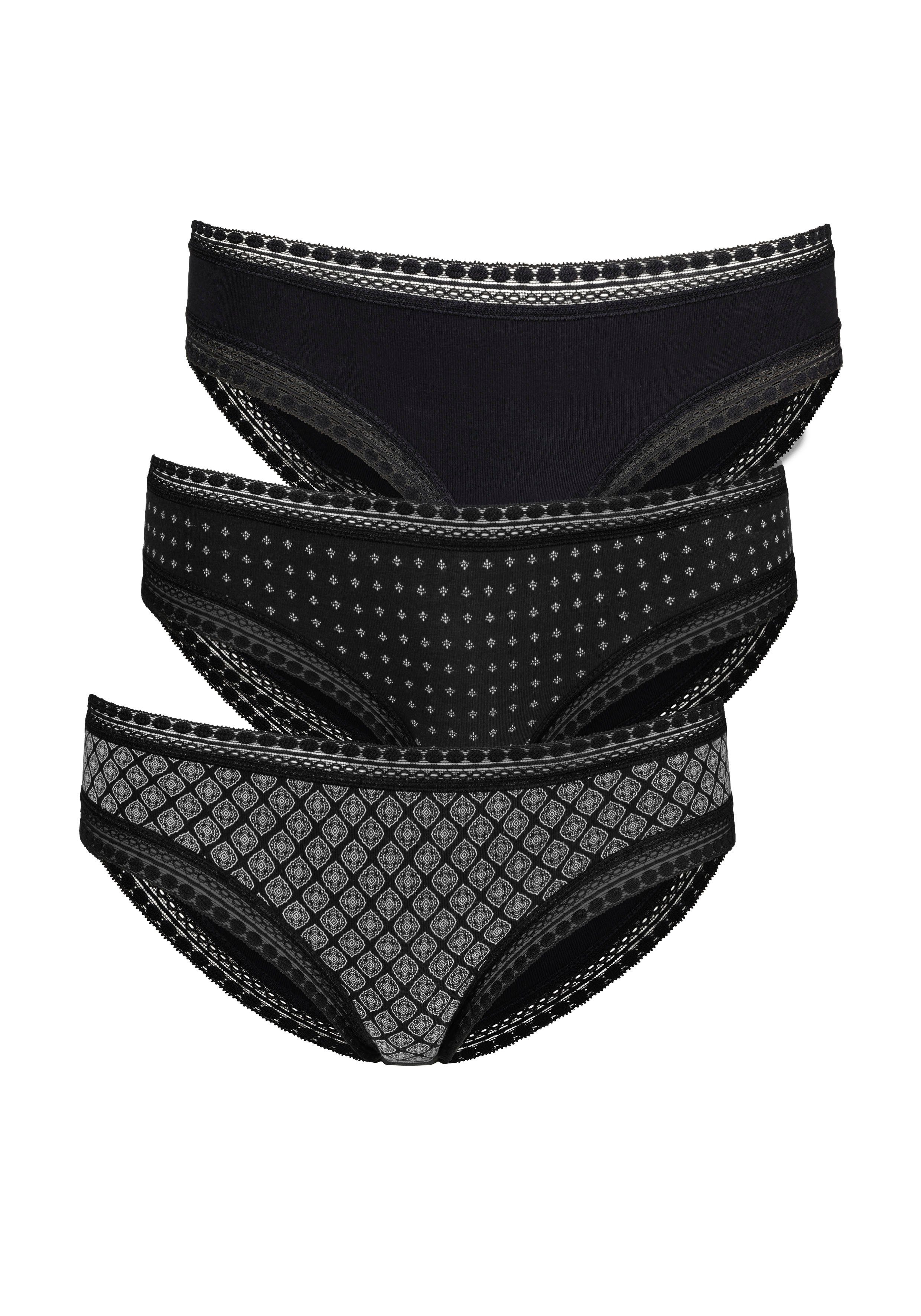 mit Spitze Bikinislip Baumwolle elastischer LASCANA weicher aus schwarz 3-St) (Packung,