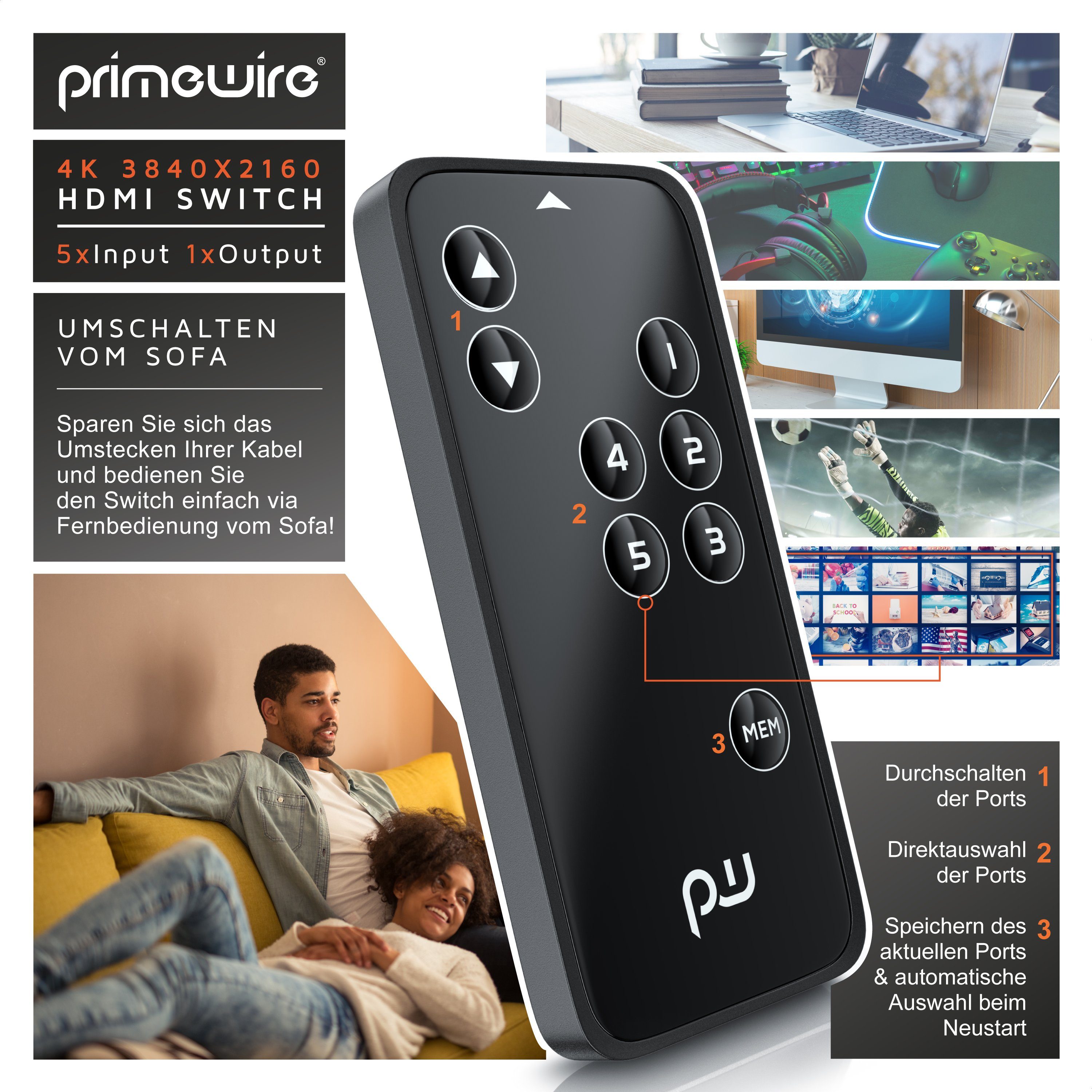 Primewire Audio / Video Matrix-Switch 5-Port Ultra HD 4K HDMI Umschalter mit Fernbedienung - 5x IN/1x OUT, Alu Verteiler HDMI 2.0b Ultra HD 4096x2160 3840x2160, – Bild 4 von 5
