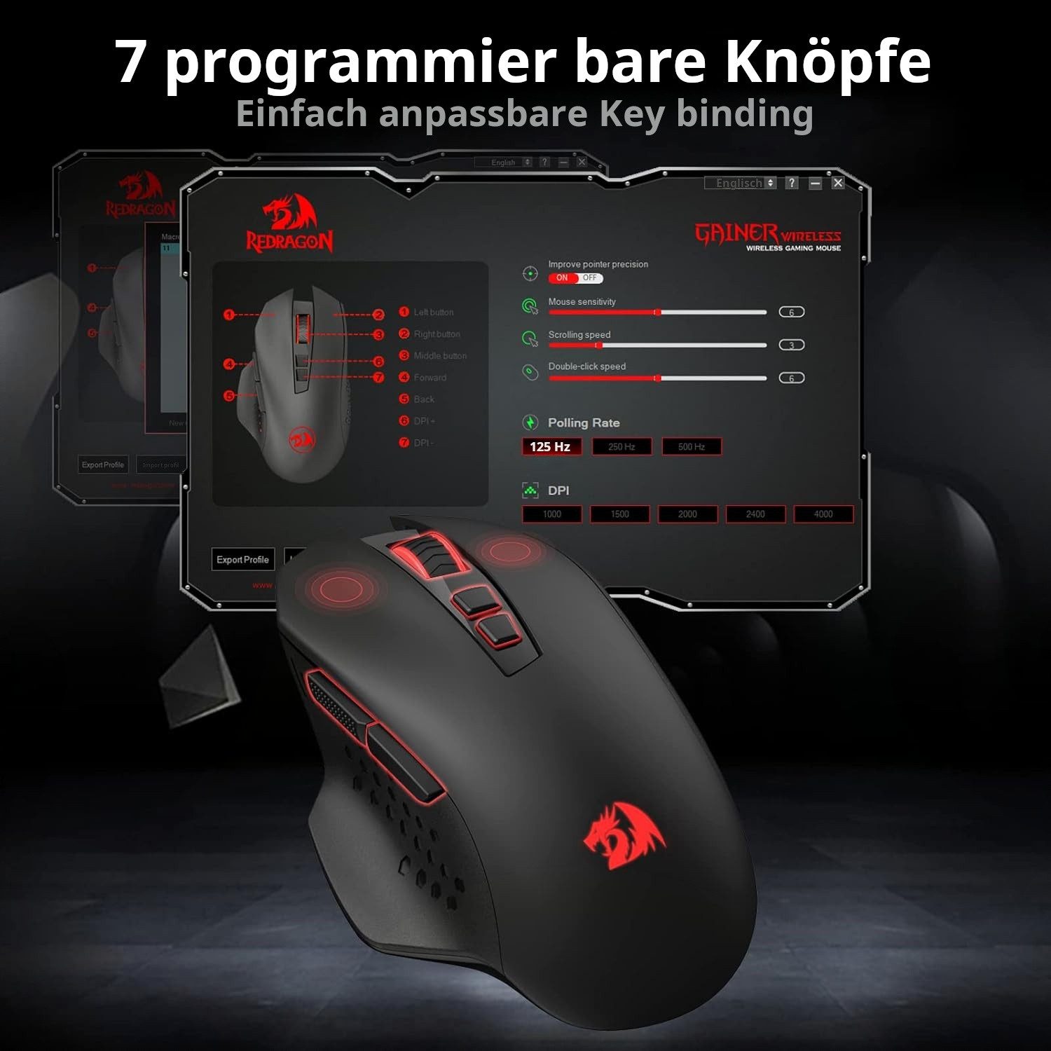 Redragon M656 Kabellose Maus 2.4GHz, 4000 DPI (5 DPI-Stufen), 7 Makrotasten Gaming-Maus (2,4 GHz Drahtlos (via Nano-Empfänger)