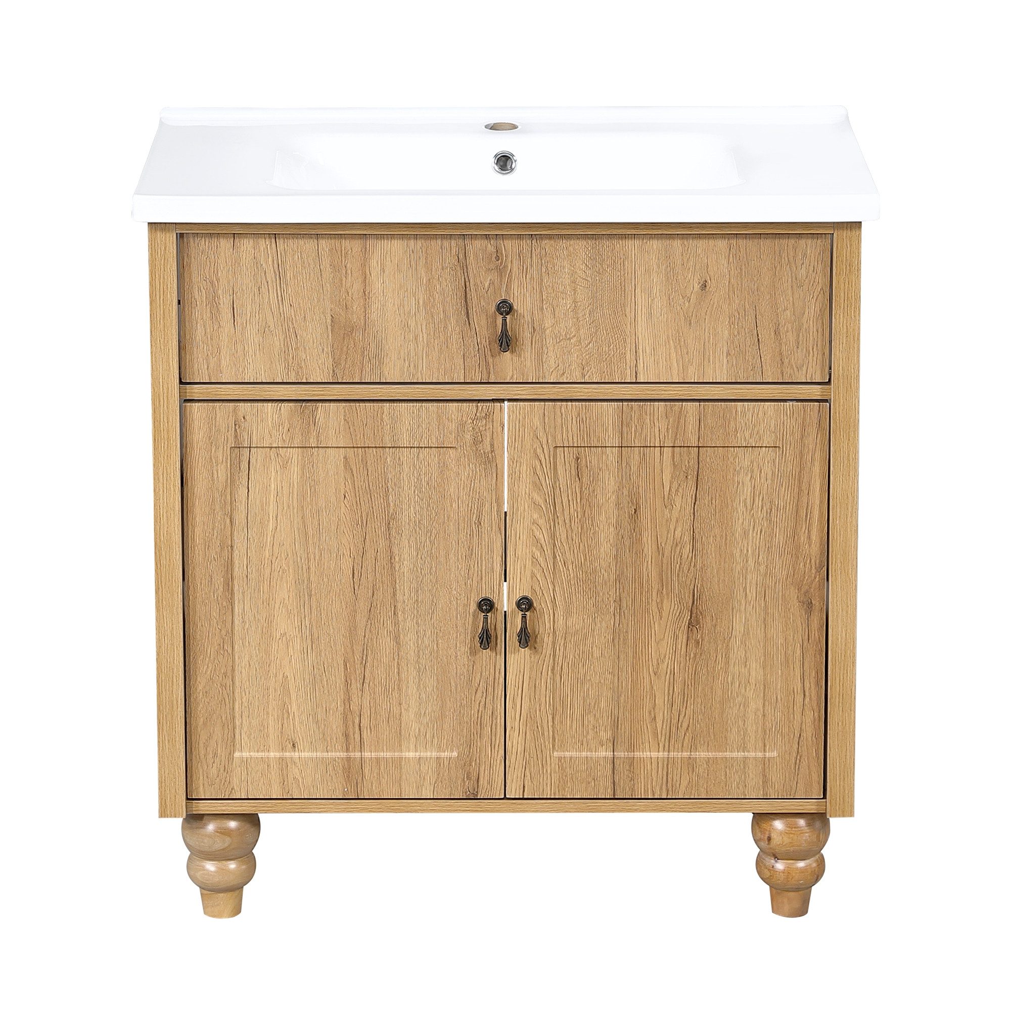 Flieks Waschtisch Waschbeckenunterschrank, Retro-Massivholzbeine & Retro-Schwenkgriff (bodenstehend, Badschrank mit Soft-Close-Funktion-Scharnieren, 1-St., 81x4 – Bild 5 von 5
