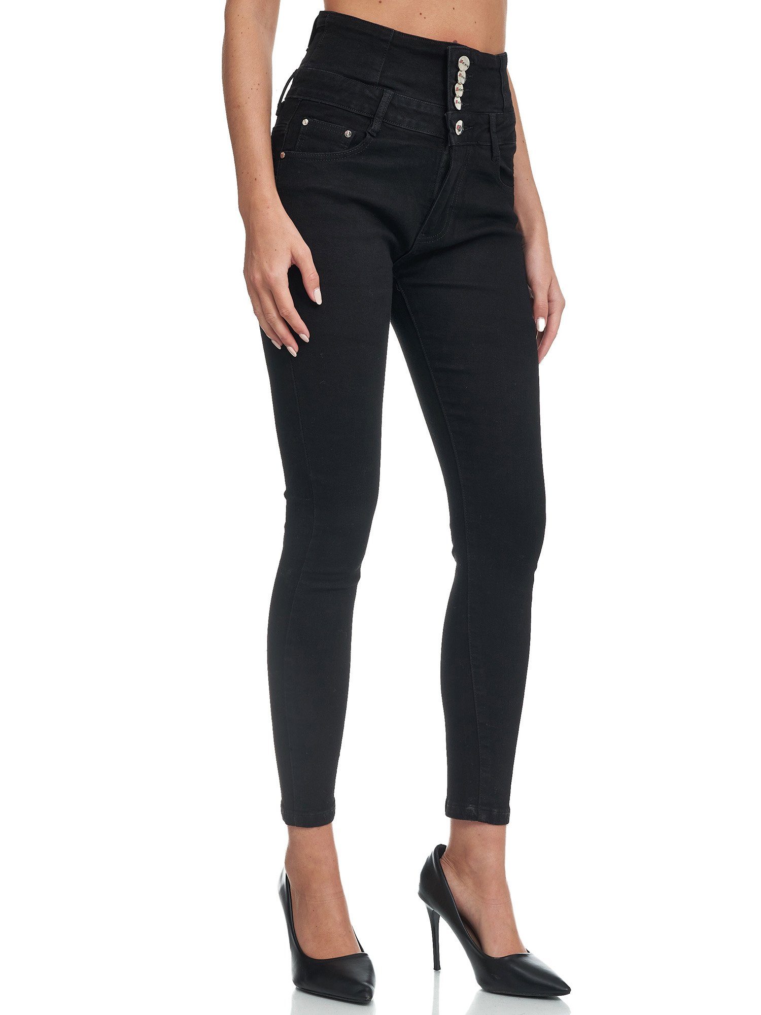 Skinny Damen Schwarz (1-tlg) High-waist-Jeans Elara stretch Jeans Waist Elara Madrid High