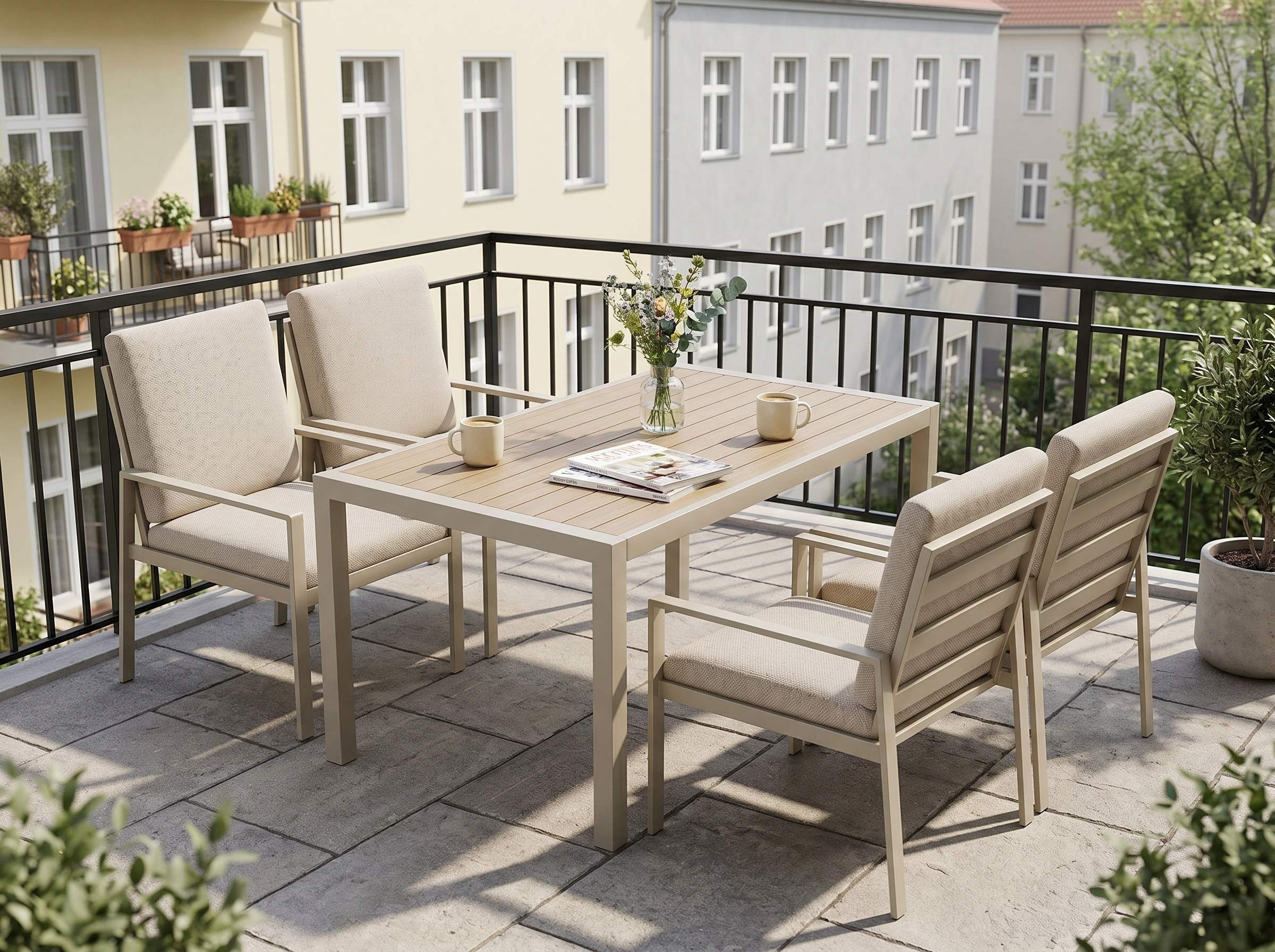 MeXo Gartenlounge-Set Lounge Gartenmöbelset Aluminium Wetterfest, (Garten Essgruppe für 4 Personen, 5-tlg., 4 Sessel, Esstisch 140x80x70 cm), 85 cm Rückenlehne, hoher Sitzkomfort