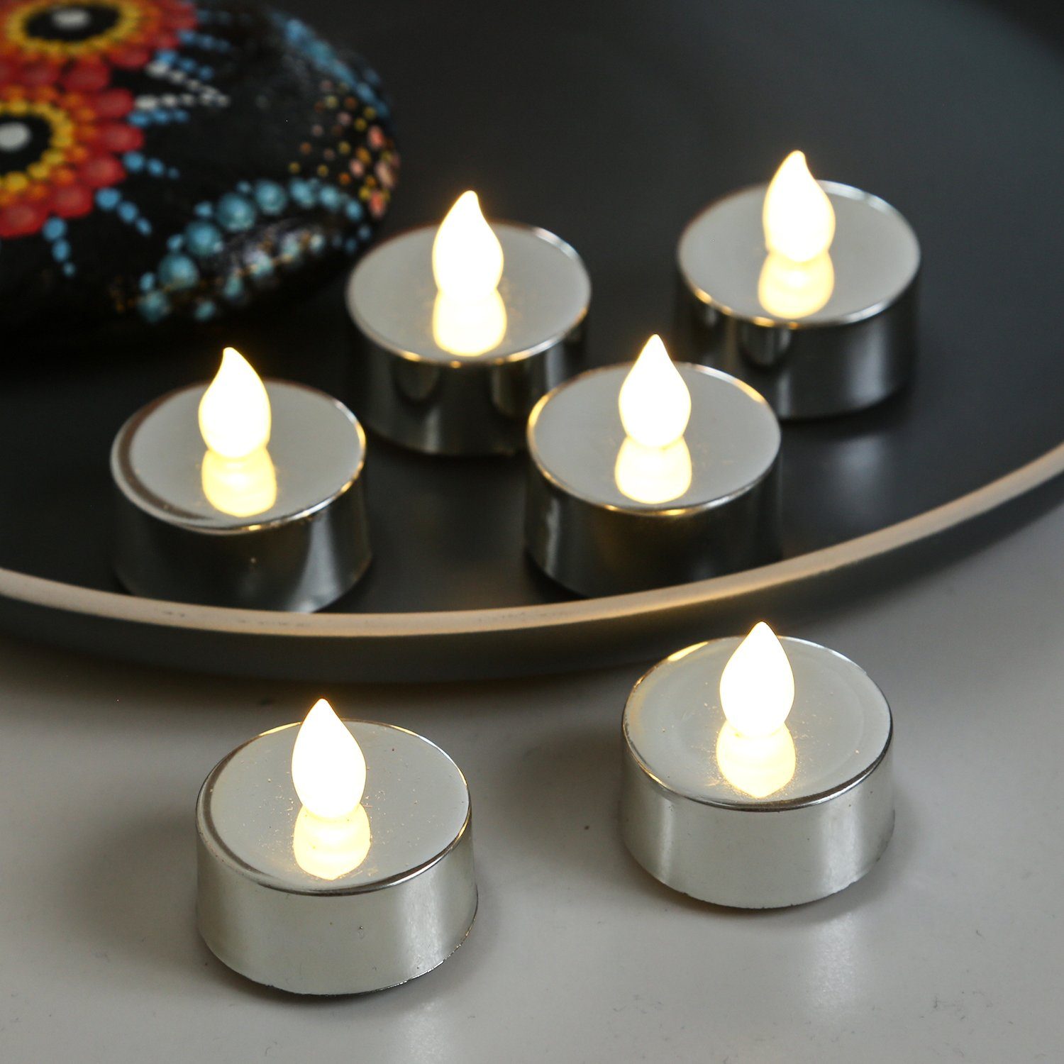 MARELIDA LED-Kerze LED Teelichter flackernde Flamme flammenlos Batterie D:  3,8cm silber 6 Stück (6-tlg)