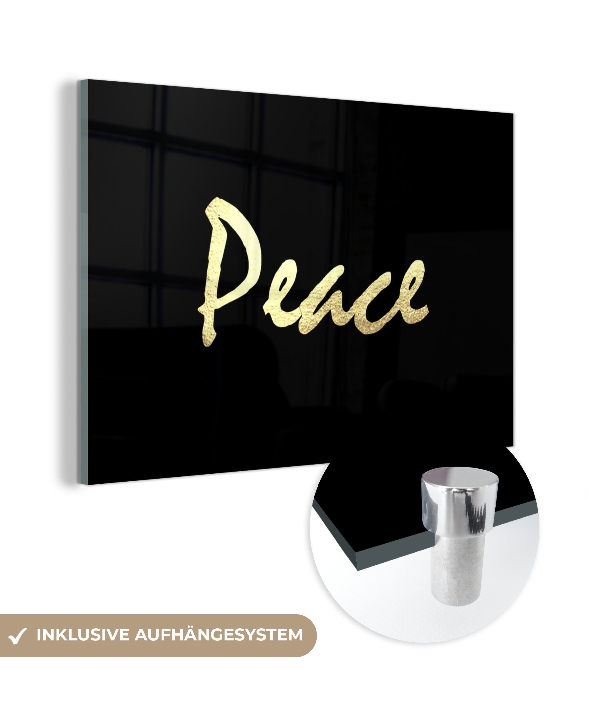 MuchoWow Acrylglasbild Zitat - Frieden - Gold - Schwarz, (1 St), Glasbilder - Bilder auf Glas Wandbild - Foto auf Glas - Wanddekoration