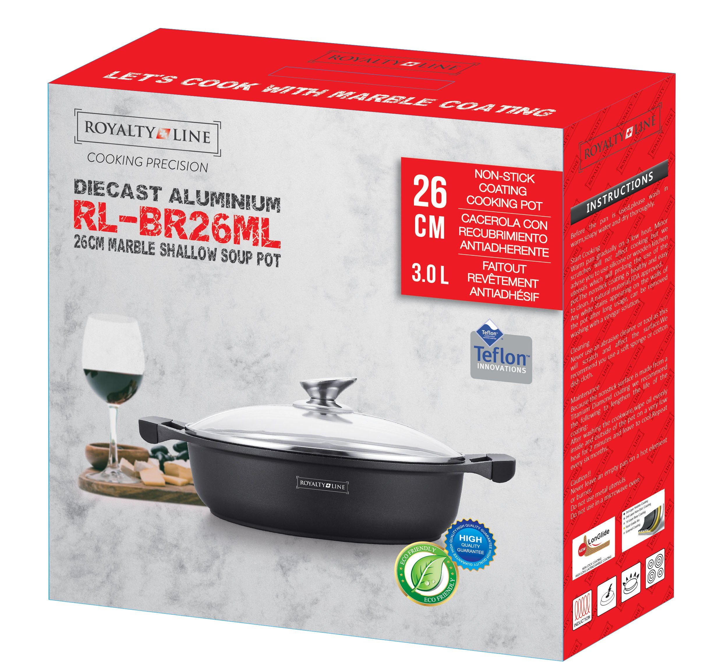 Royalty Line Kochtopf Kochtopf Topf Pfanne Glasdeckel Aluguss Ø26 Royalty Line RL-BR26ML, Aluminiumguss (Set bestehend aus 1 Kochtopf und 1 Glasdeckel)