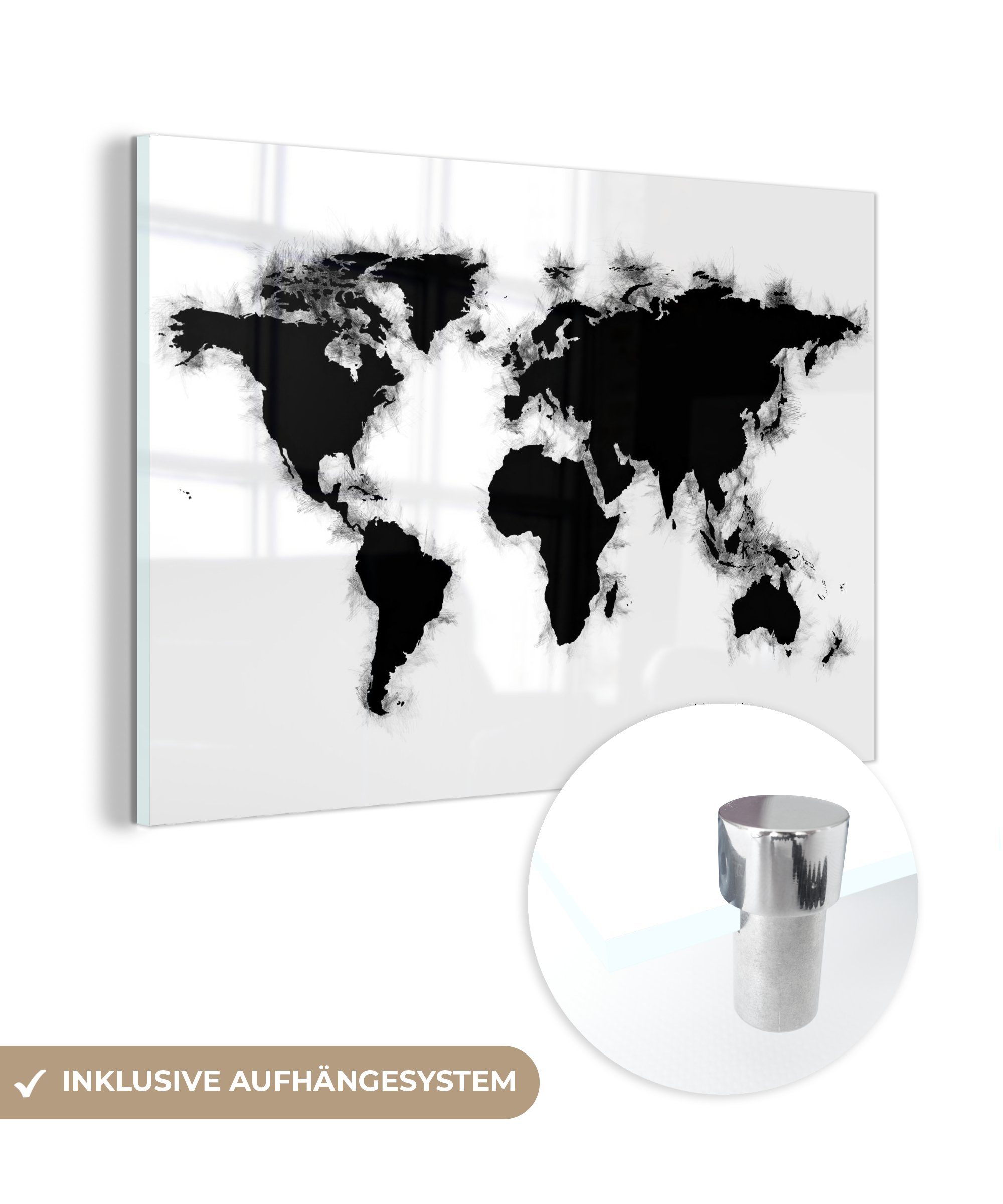 MuchoWow Acrylglasbild Weltkarte - - auf Glasbilder - Glas Bilder auf (1 St), Weiß - Einfach, Schwarz Foto Wandbild - Wanddekoration - Glas