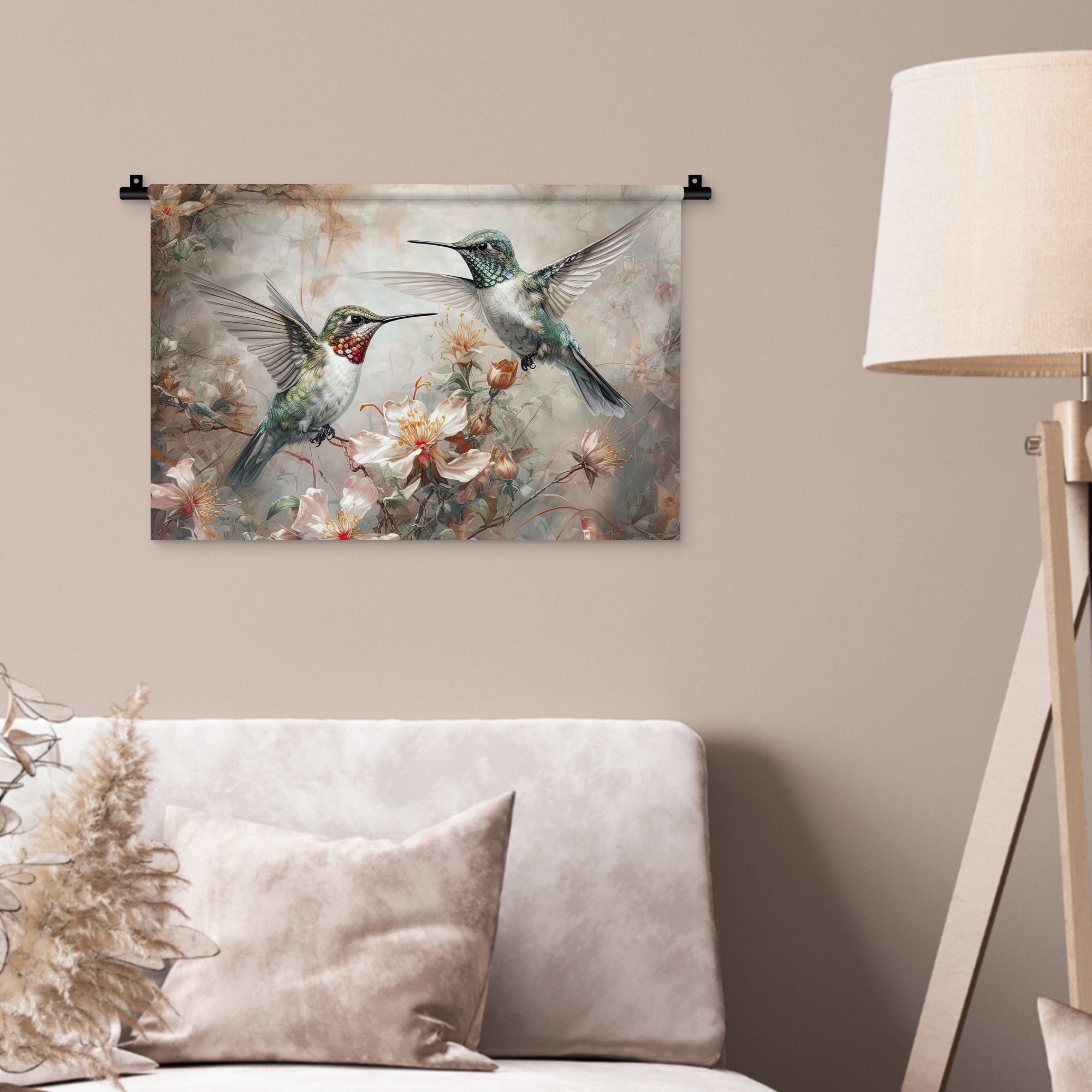Schlafzimmer, Kolibri Wandbehang, Wanddekoobjekt Kleid, - Wohnzimmer, Pflanzen, MuchoWow Blumen - Wanddeko Vögel für Kinderzimmer -