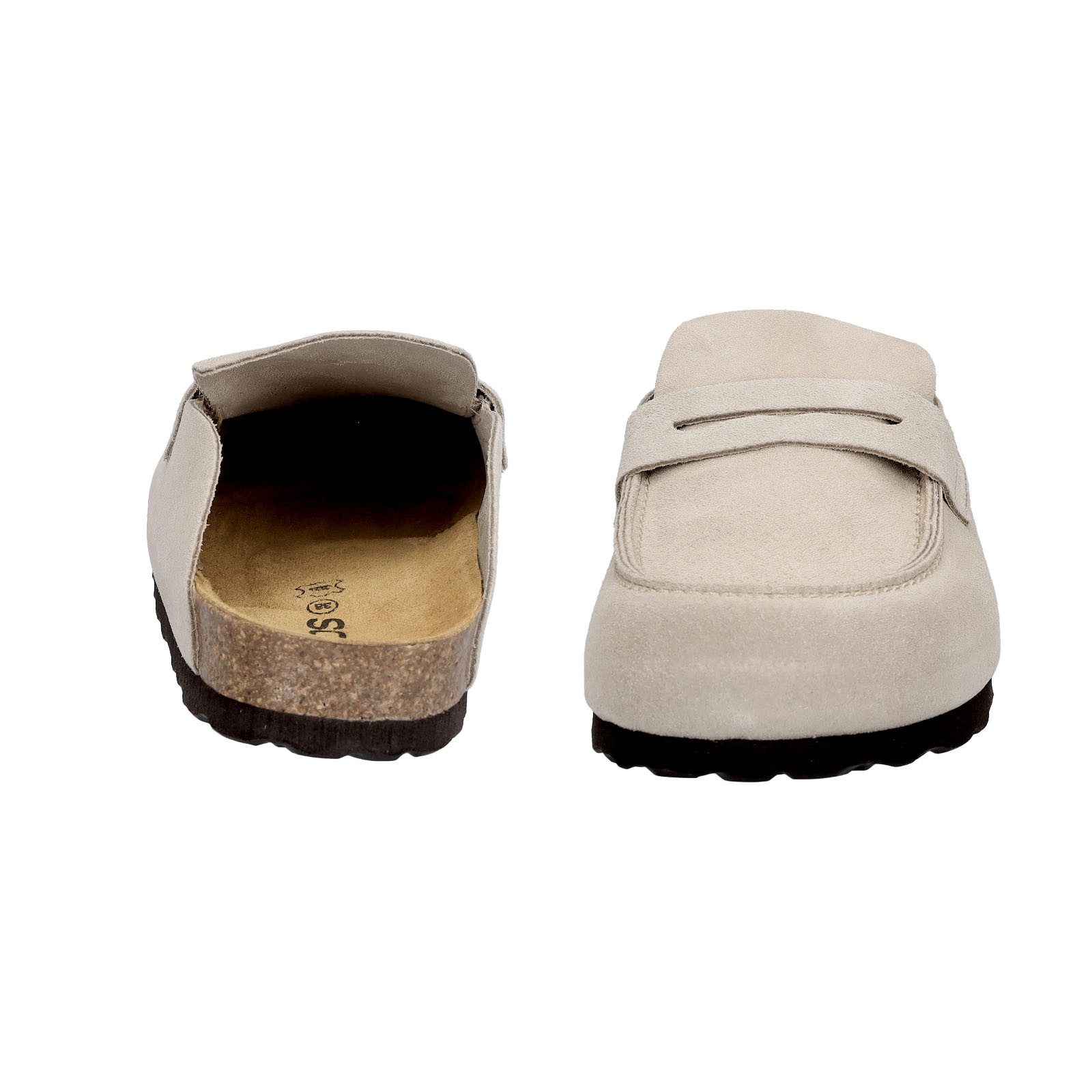 MIDS MIONA Damen Pantolette beige, Velourleder Clog im Mule-Stil mit ergonomischem Lederfußbett