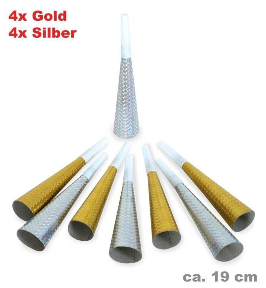 Handpfeife 8 x Tröten Pfeife Gold Silber Silvester Neujahr Geburtstag Karneval