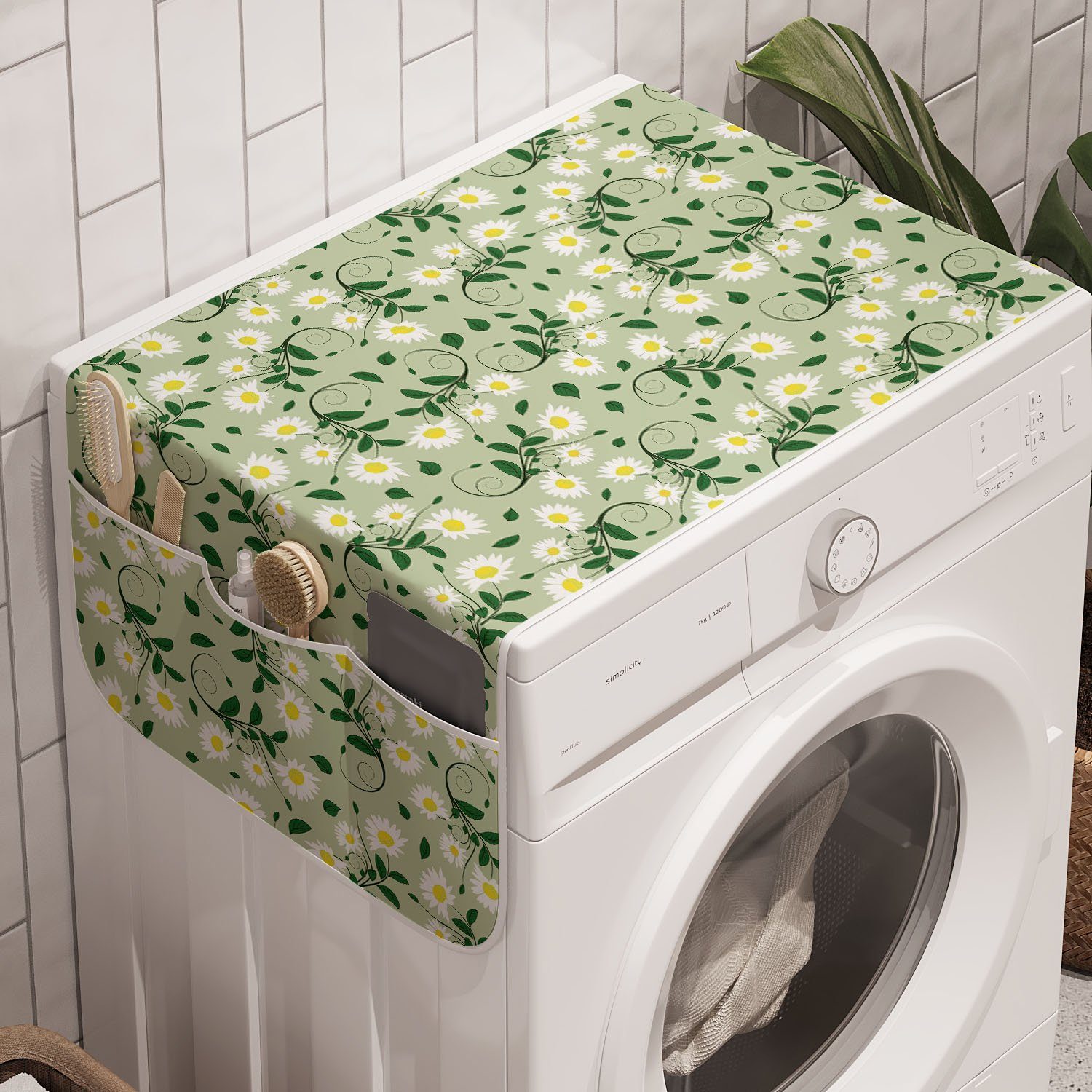 Abakuhaus Badorganizer Anti-Rutsch-Stoffabdeckung für Waschmaschine und Trockner, Blumen Aufkeimenden Gänseblümchen Blätter