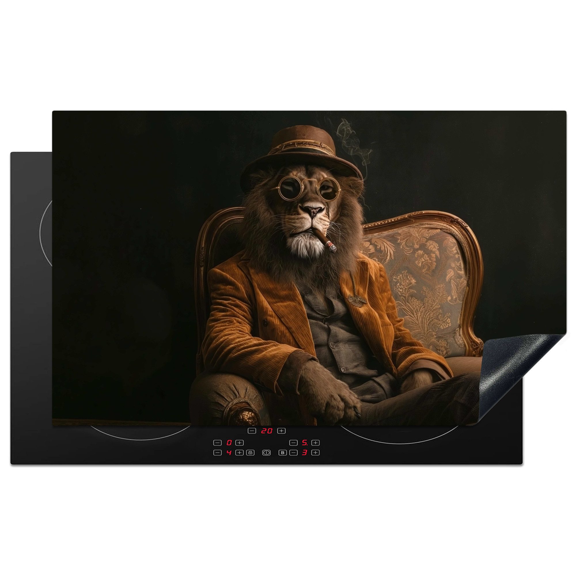 MuchoWow Herd-Abdeckplatte Brille - Löwe - Bank - Hut, Vinyl, (1 tlg), Herdplattenabdeckung für Ceranfeld, Herdplatten Vinyl, 83x51 cm