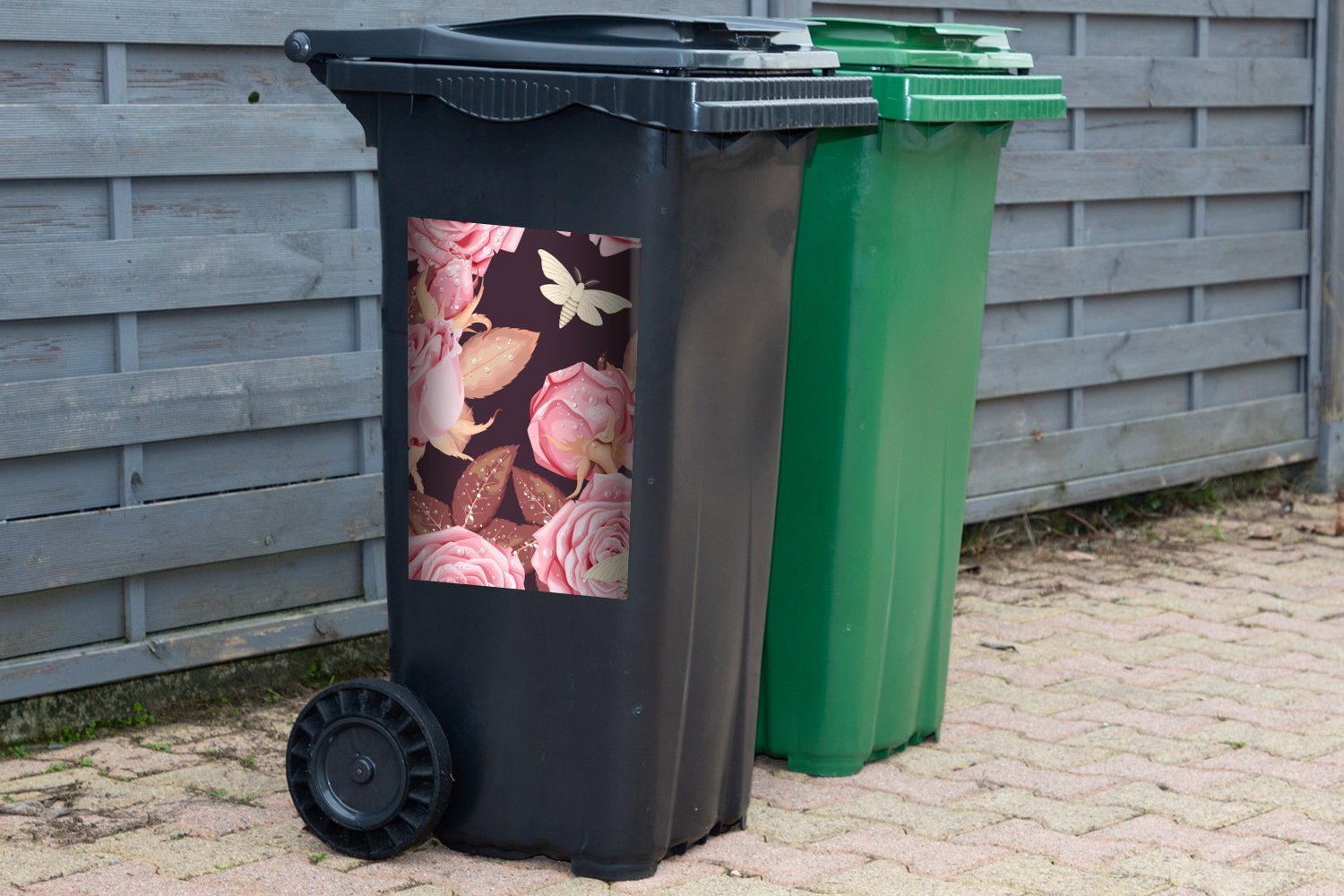 Container, Mülltonne, Tropfen MuchoWow Sticker, St), Rosen - Abfalbehälter (1 - Mülleimer-aufkleber, Schmetterlinge Wandsticker