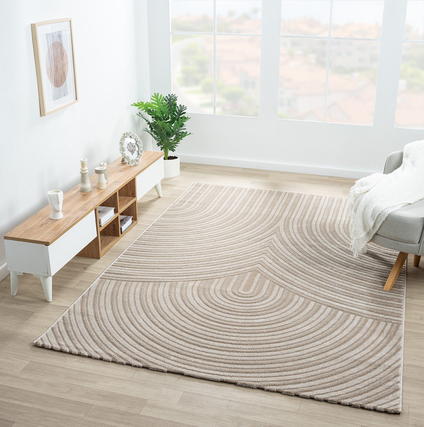 Vimoda Designteppich einem bogenförmigen Muster, Einfarbig, Rechteckig, Teppich Schlafzimmer Kurzflor, Wellen Hochtief-Muster, lebendige Optik