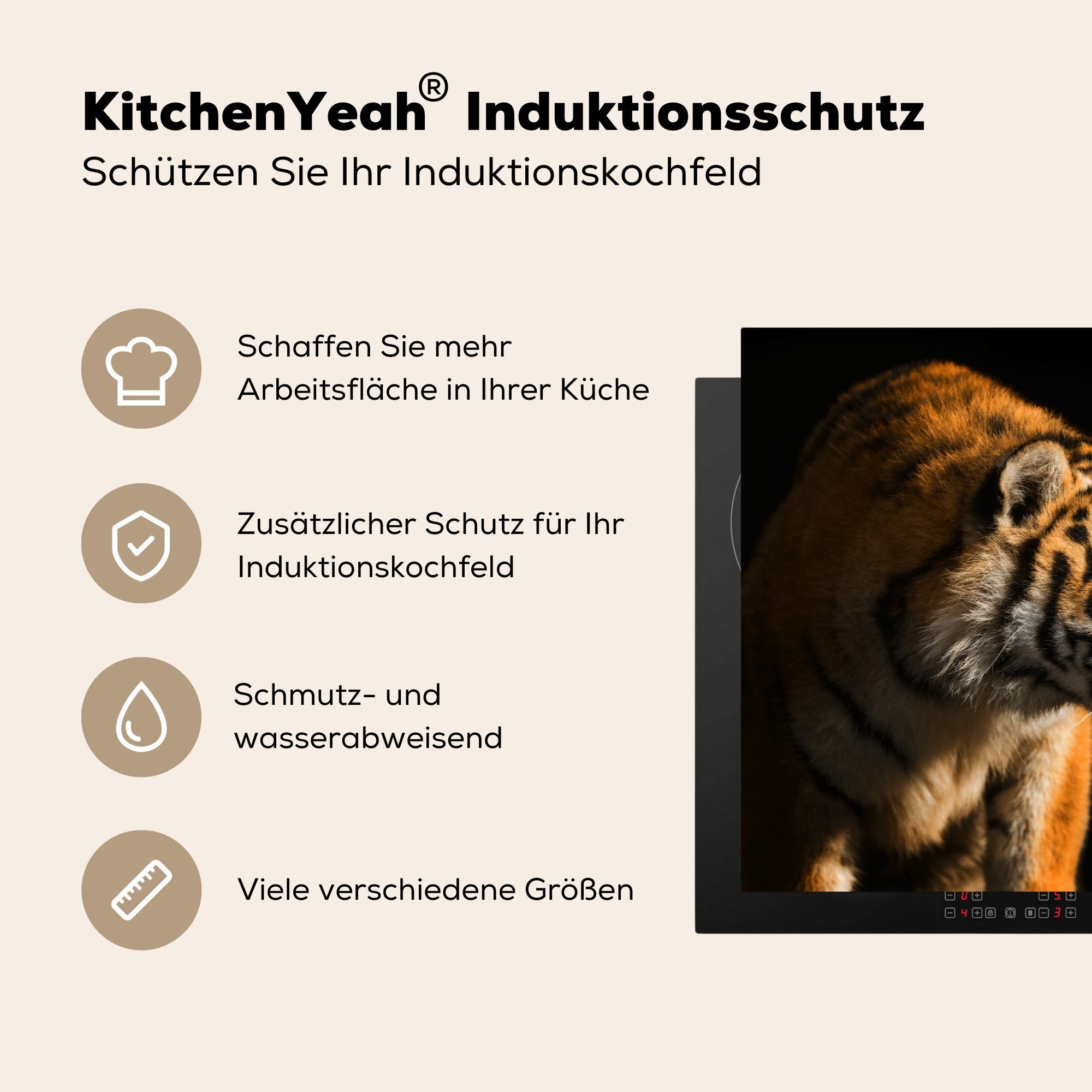 MuchoWow Herdblende-/Abdeckplatte Ceranfeldabdeckung 81x52 küche, Tiger Schutz - (1 Jagd tlg), cm, Sonne, - für die Vinyl, Induktionskochfeld