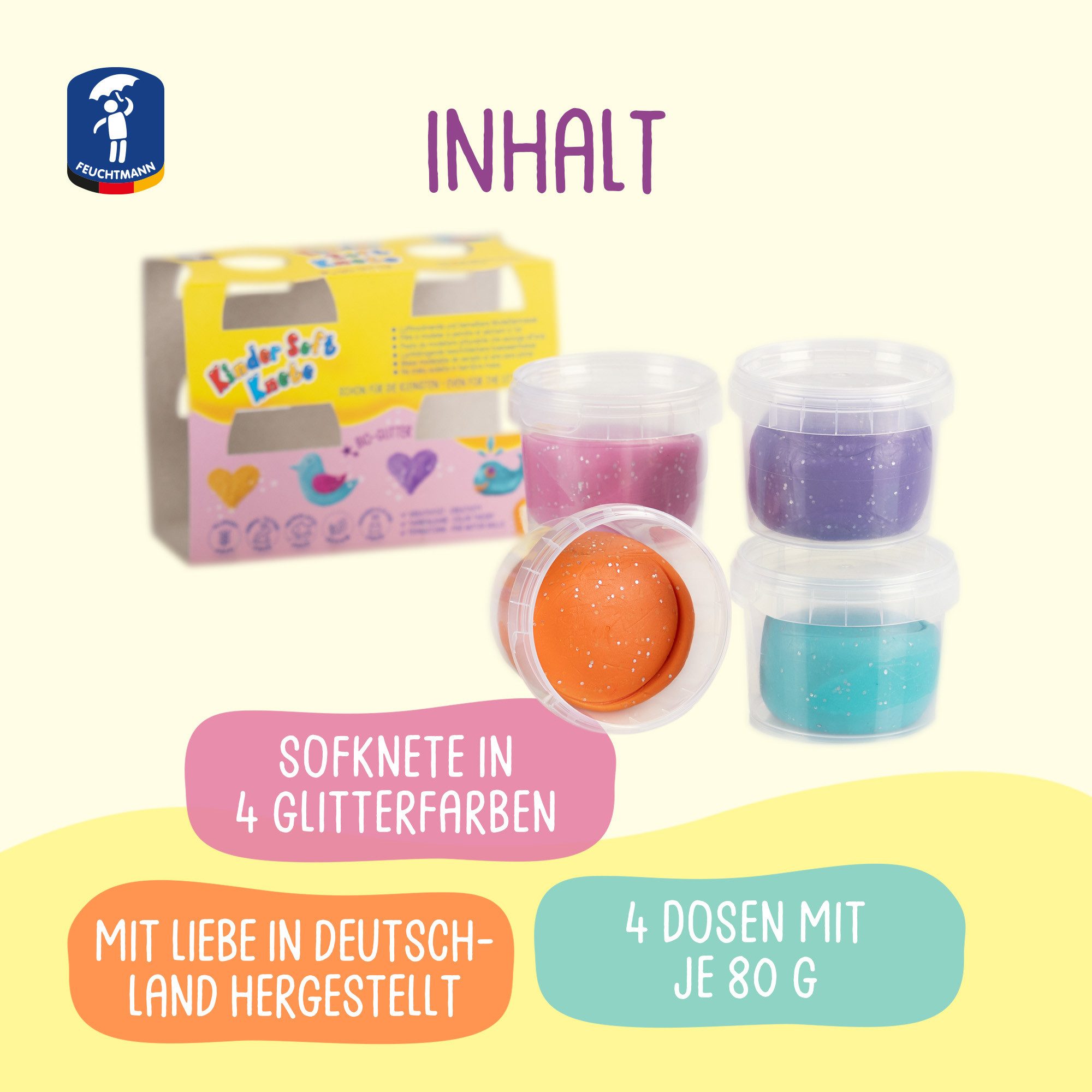 Feuchtmann Knete KINDER SOFT KNETE Mini Sparkle (1-tlg), 4 x 80g weiche Glitzerknete mit Bio-Glitter in praktischen Dosen