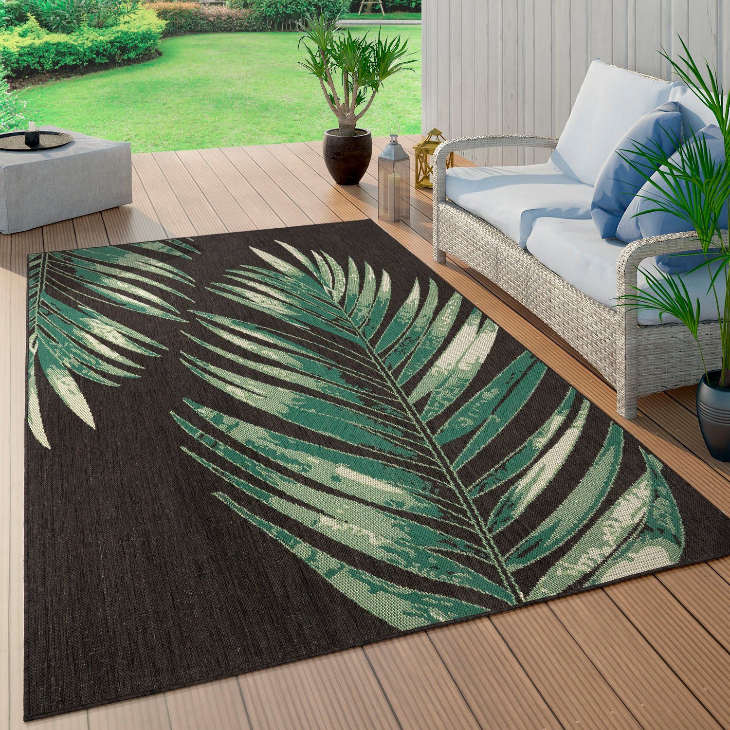 Paco In- Teppich geeignet, mm, Ostende schwarz Palmenblätter, 554, Outdoor und Flachgewebe, Home, Wohnzimmer Höhe: Motiv rechteckig, 4