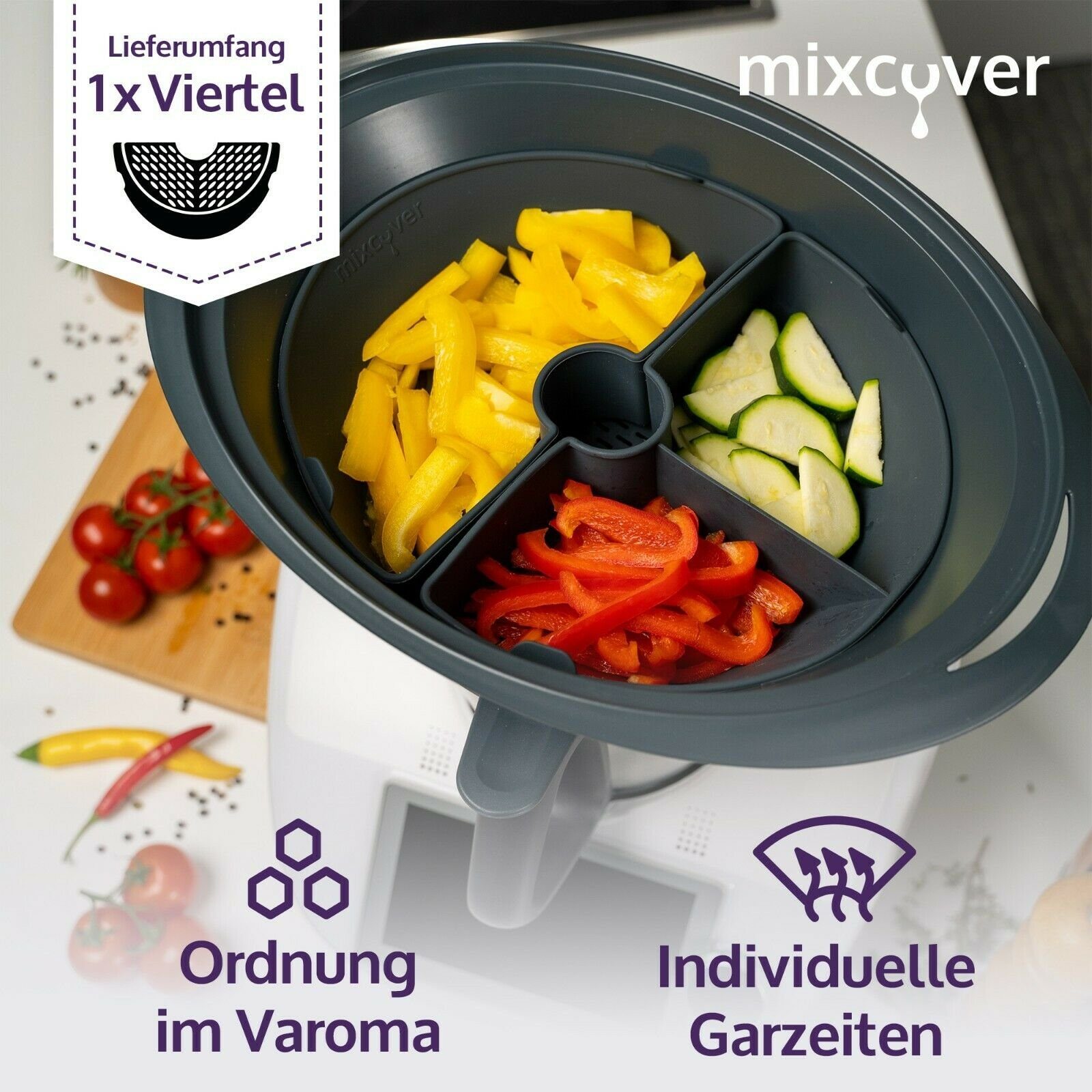 Thumbnail - Mixcover Küchenmaschinen-Adapter mixcover Garraumteiler (VIERTEL) für Thermomix Varoma Dampfgarraum