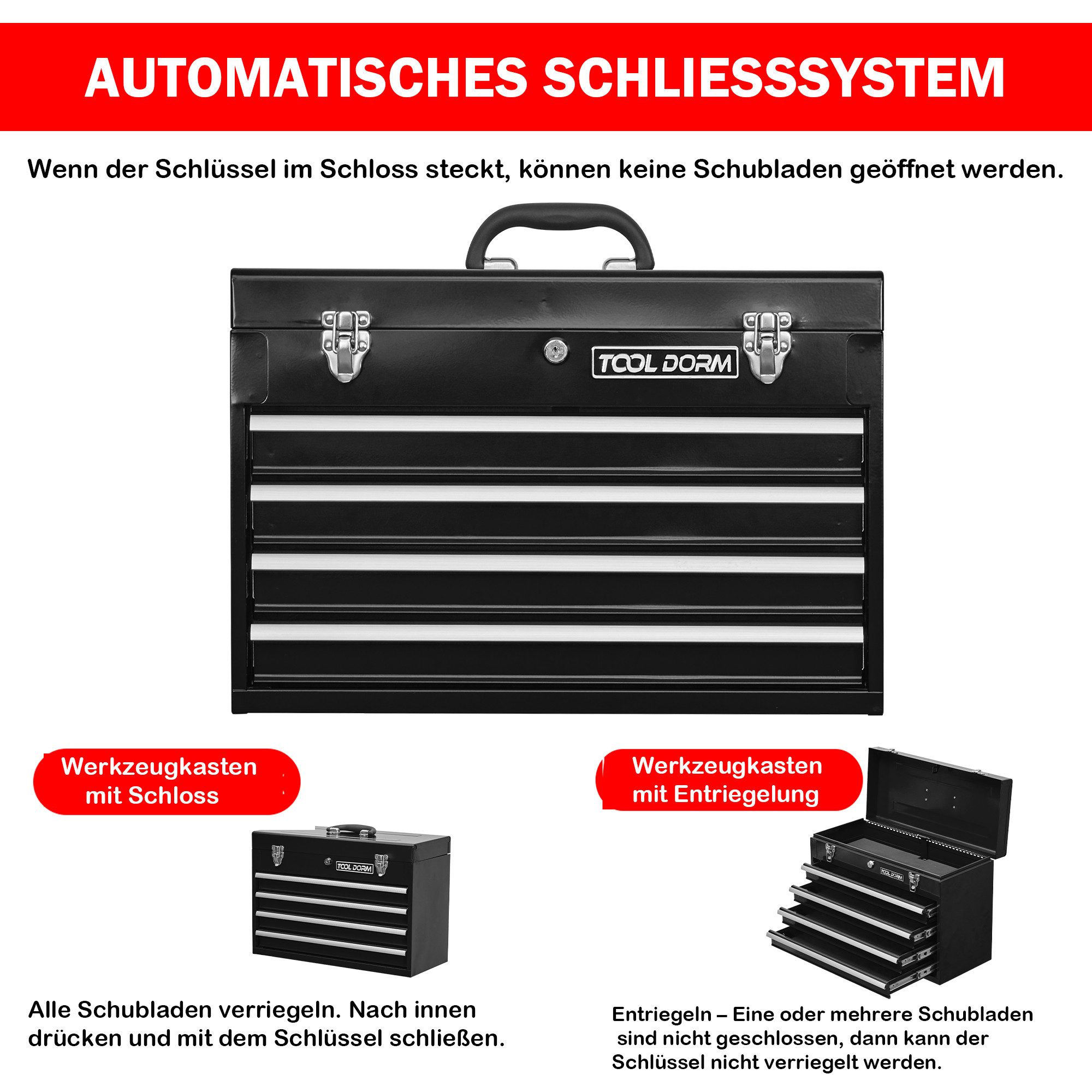 ANYSUN Werkzeugkoffer Werkzeugkasten aus Stahl mit Schubladen, 52 cm Metall Werkzeugkoffer (mit 3/4 Ebenen, Schloss & Matten), für Garage, Haus & Werkstatt