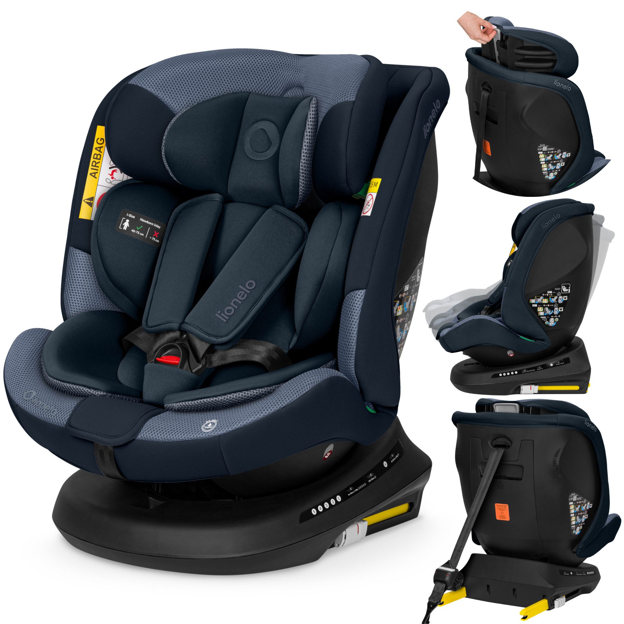 lionelo Autokindersitz BASTIAAN PLUS I-SIZE, ab: ab Geburt, bis: bis ca. 12 Jahre, ab: 40 cm, bis: 150 cm, (Autokindersitz + Verkleinerungseinlage + ISOFIX-Führungshülsen + Knopfzelle), 360°-Drehung/RWF bis 105 cm/Dri-Seat/Top-Tether-Alarm