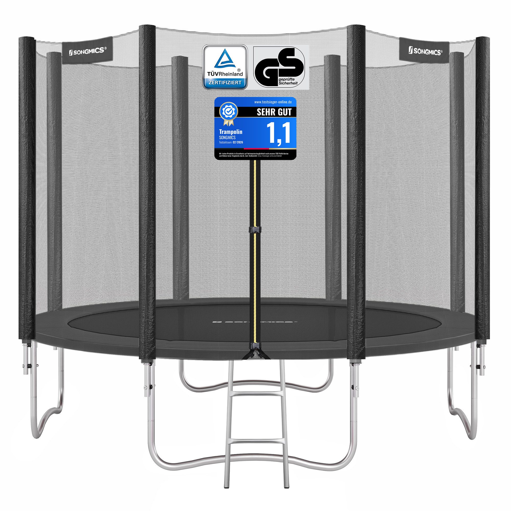 SONGMICS Gartentrampolin mit Randabdeckung, Sicherheitsnetz, Leiter und gepolsterten Stangen, Ø 305 cm, Ø244/Ø305/ Ø366 cm, mit Leiter und gepolsterten Stangen