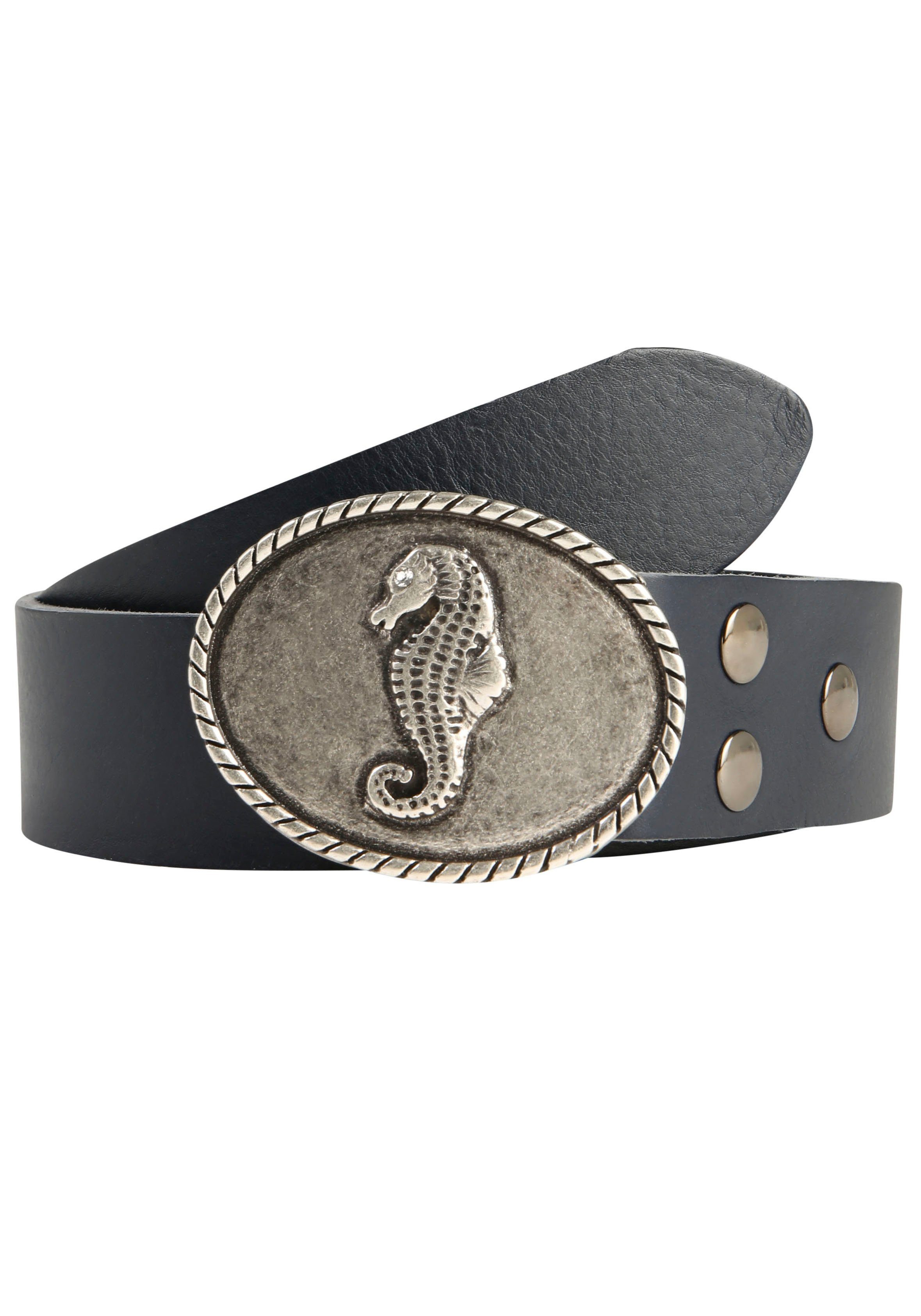 Rettungsring Gürtel Ledergürtel Schließe »Seepferd Oval Silber Mit Swarovski-Kristall Verdelt«