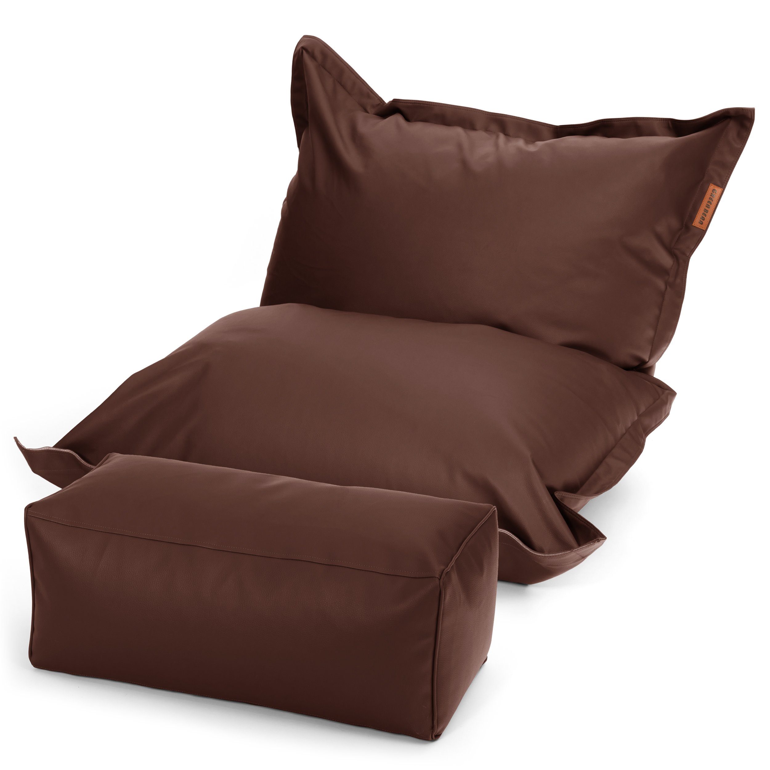 Green Bean Sitzsack XXL inklusive Pouf als Set aus Kunstleder (Indoor & Outdoor, abwaschbarer Bezug, mit), EPS Perlen Füllung ca. 180x140cm - Couch Kissen Riesensitzsack Lounge