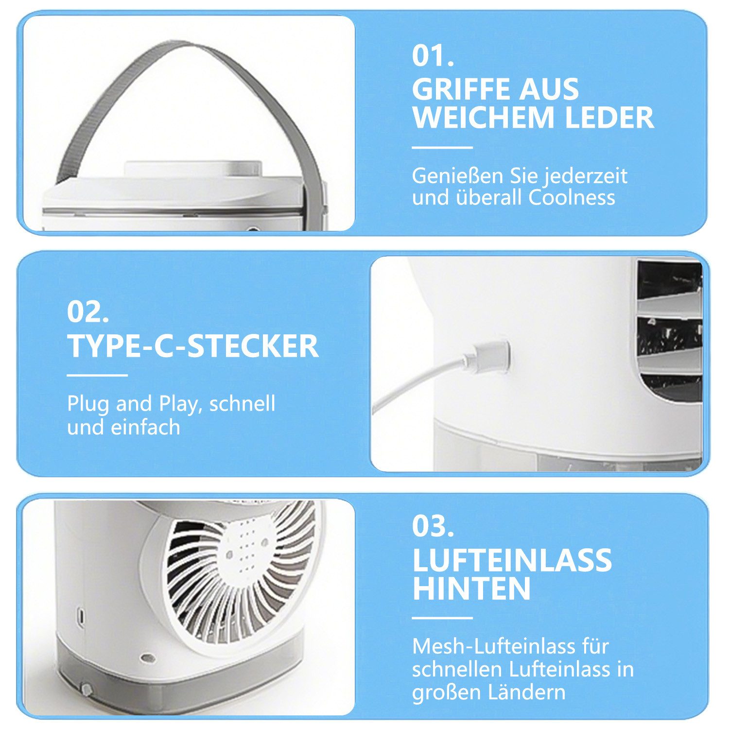MOPUEA Standventilator Turmventilator Tischklimagerät Kühlventilator Mini Ventilator 4 Stufen, Mobiler Luftkühler Klimagerät Ventilatorkombigerät mit Wasserkühlung