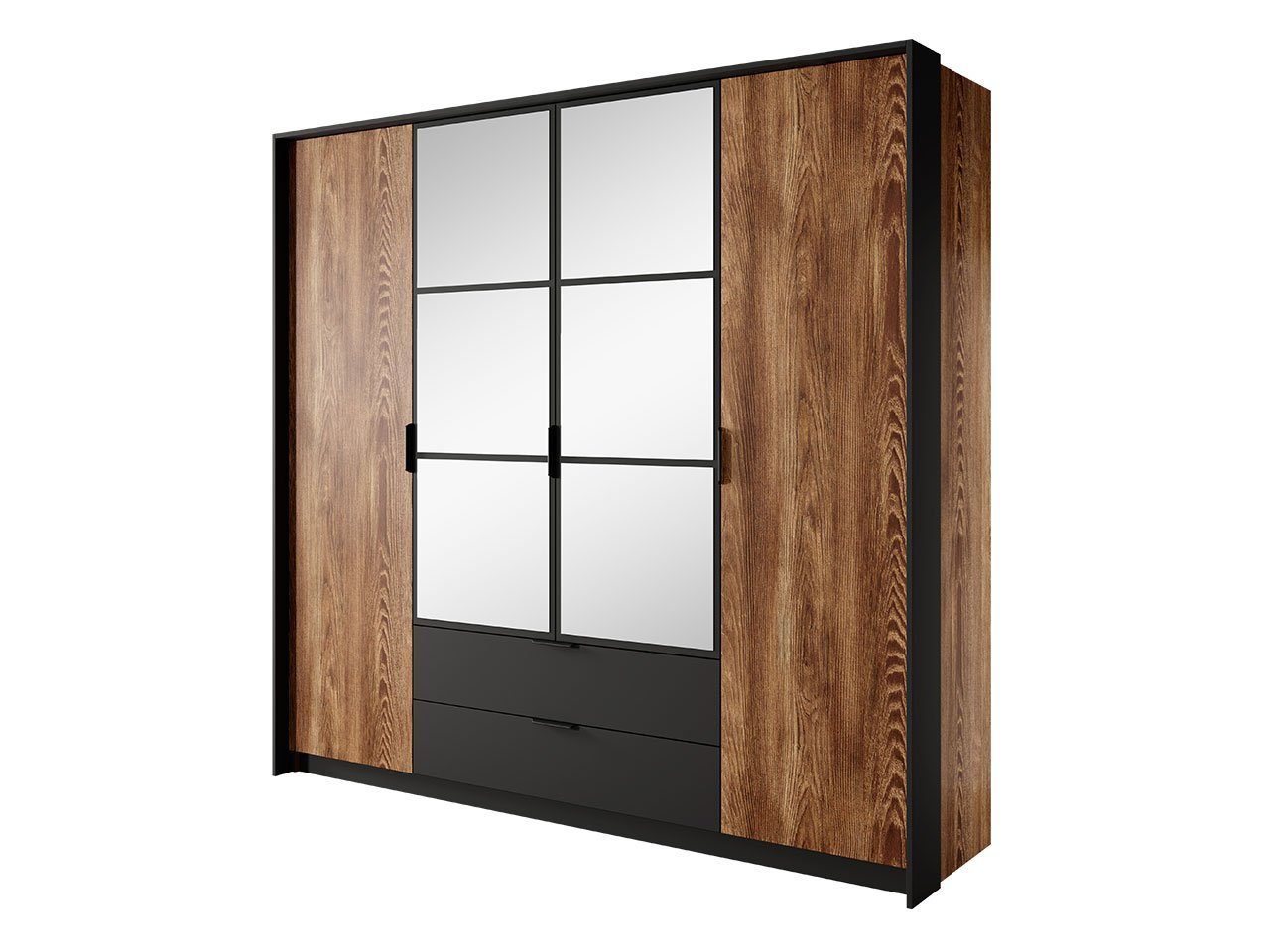 MIRJAN24 Kleiderschrank 220 Milton (mit zwei Drehtüren und zwei Schubladen) mit Frontspiegel, Kleiderstange, Metallgriffe