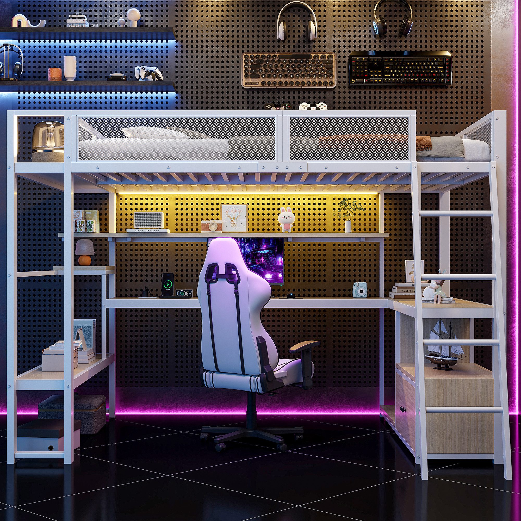 Odikalo Hochbett 140x200 Jugendbett mit Schreibtisch LED und Stauraum (Metall-Gaming-Hochbett (140 x 200 cm) mit integriertem Arbeitsplatz, LED-Beleuchtung und viel Stauraum)