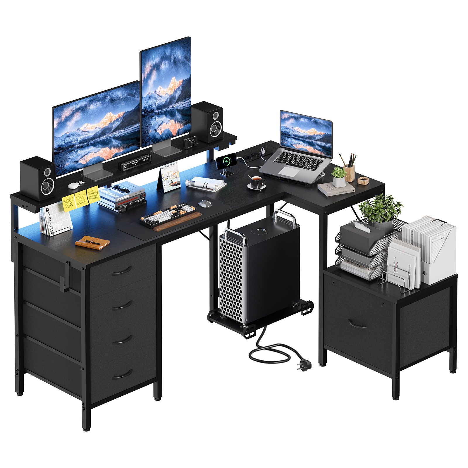 HOMALL Eckschreibtisch 140/160 cm Schreibtisch mit Schubladen, Monitorhalterung, Gaming-Tisch (Monitorarm hohenverstellbar von 12 bis 27 cm, mit 5 mit Stof ausgekleideten Schubladen, Montageoption links/rechts, Platz fur Drucker)