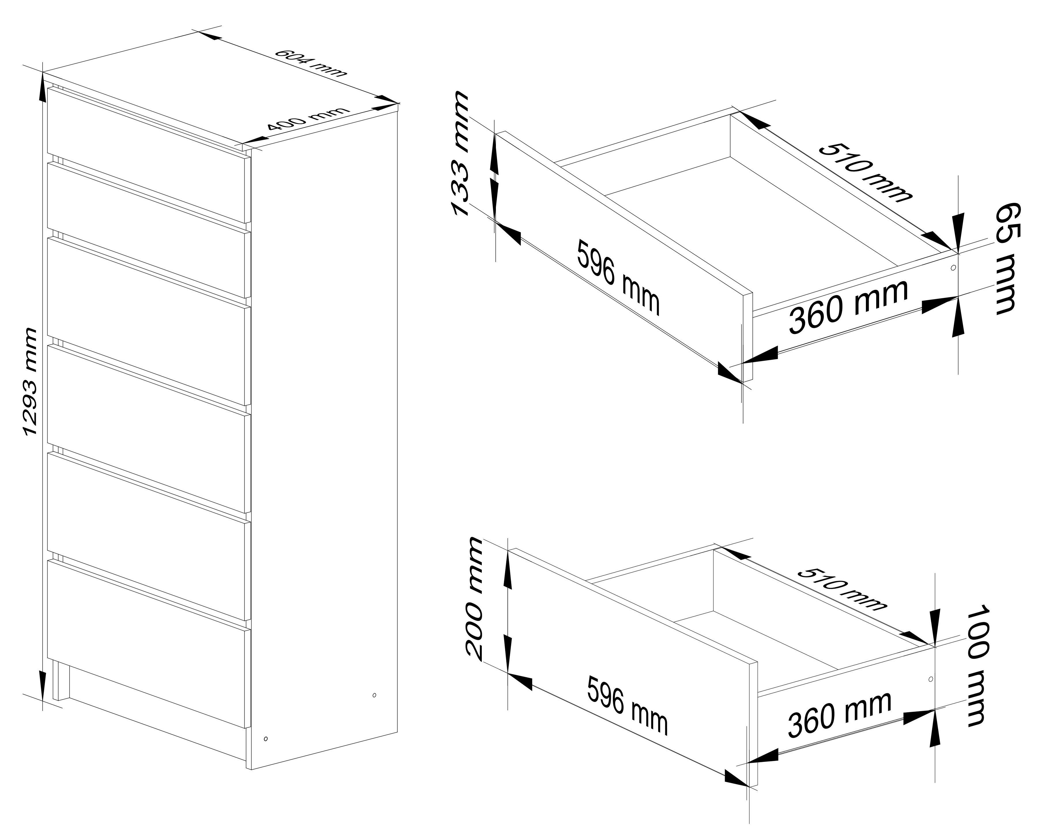 Raumhirsch Furniture Kommode mit 6 Schubladen 60 cm breit Holz Schrank, (viele Farbvarianten - Maße: 130 x 60 x 40 cm) - Hochwertig & stabil
