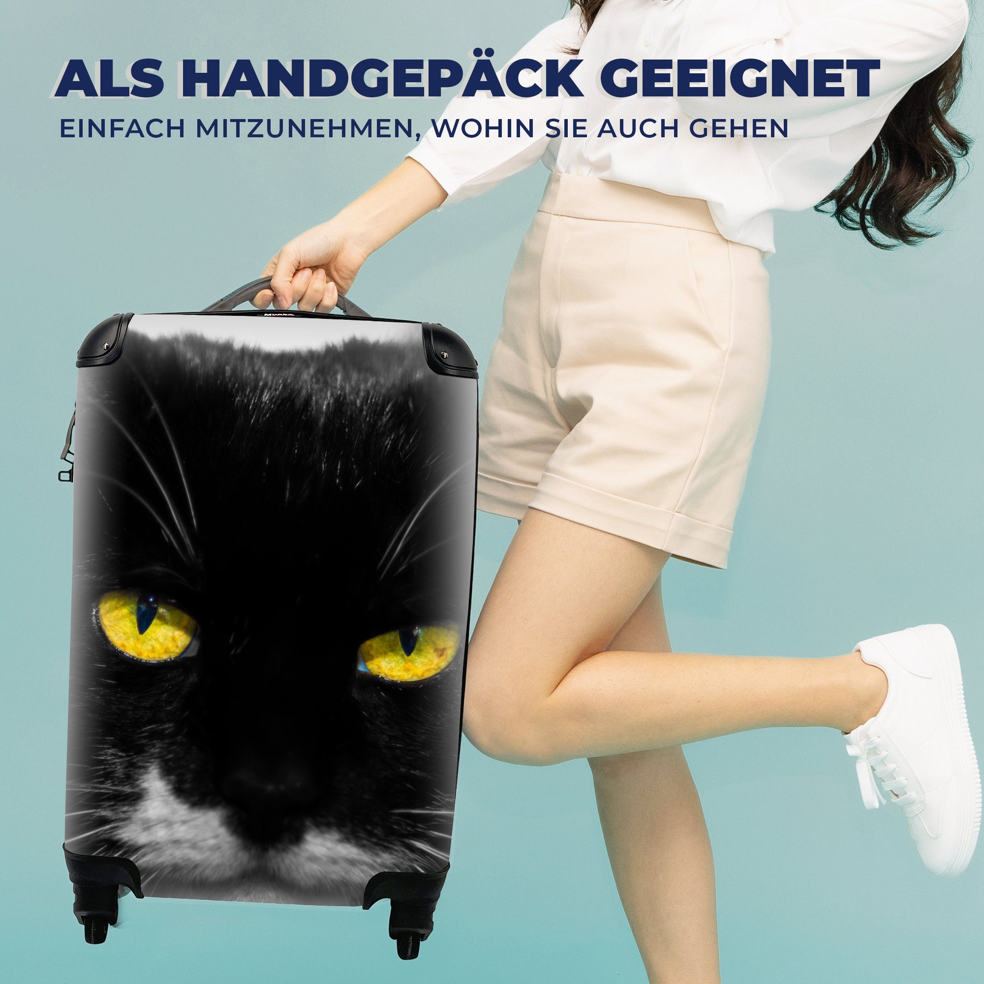 MuchoWow Handgepäckkoffer Schwarz-Weiß-Foto Augen, des Rollen, Ferien, 4 Kopfes mit Reisetasche schwarzen mit Trolley, Handgepäck Katze rollen, einer gelben Reisekoffer für