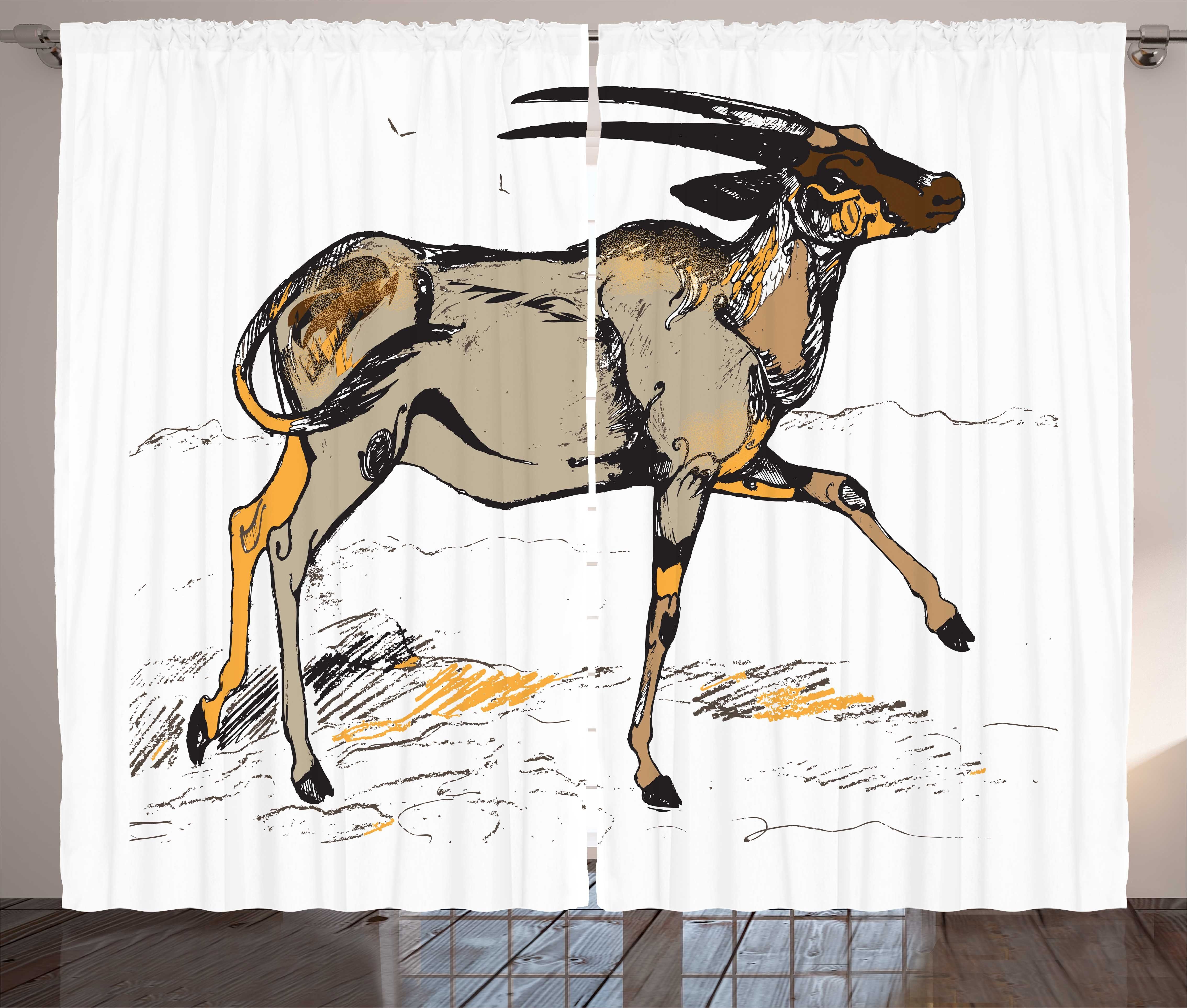 Vorhang und Gardine Schlafzimmer mit Schlaufen Tier Kräuselband Haken, Skizze-Kunst Antilope Abakuhaus,
