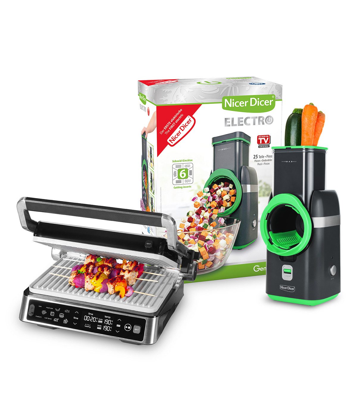 Genius Elektromesser Nicer Dicer Electro + Kontaktgrill Set 38-tlg., 80 W, Perfekte Kombi aus schneller Vorbereitung und vielseitigem Grillen