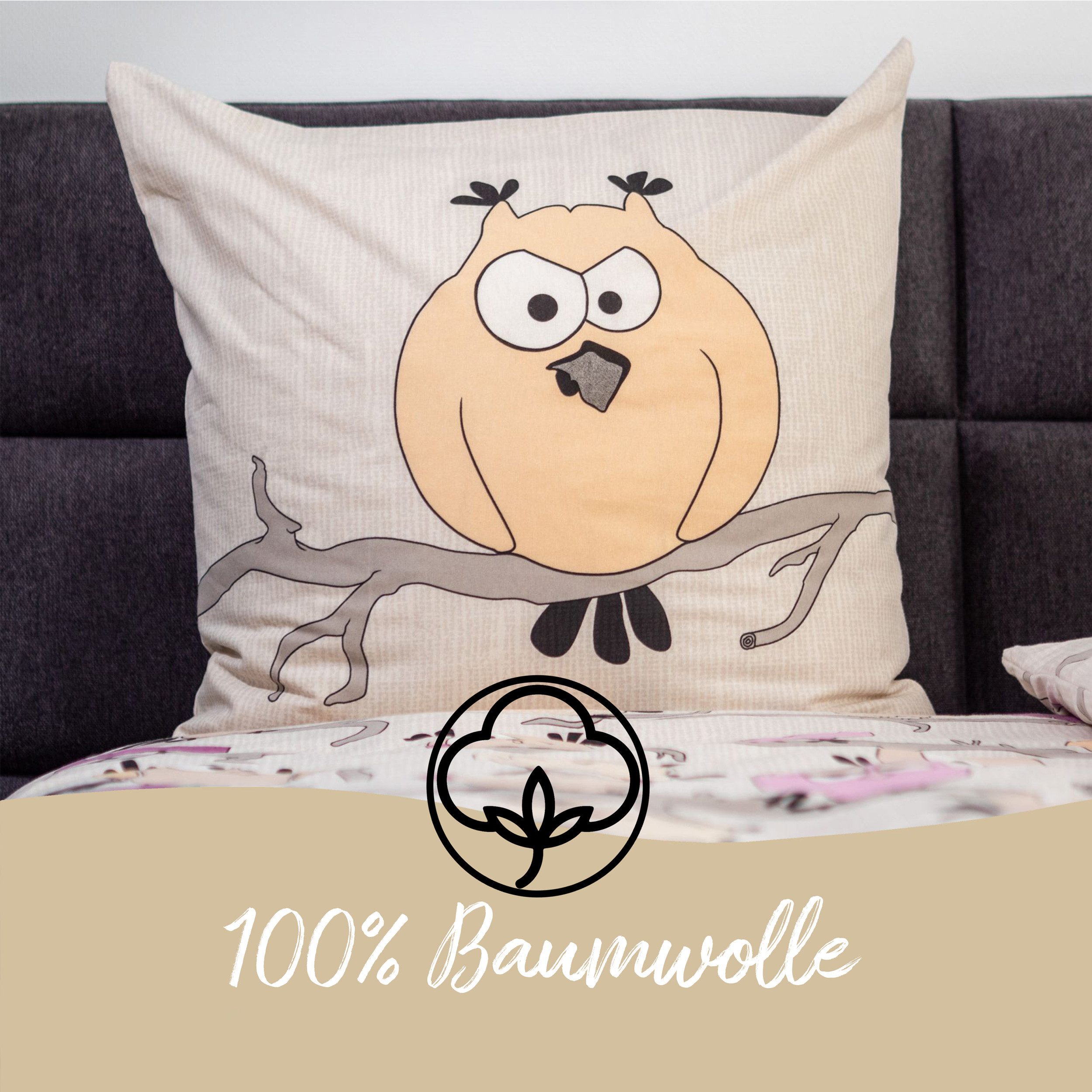 DOBNIG Bettwäsche Flanell, Flanell, 2 teilig, lustige Eulen, sandfarben