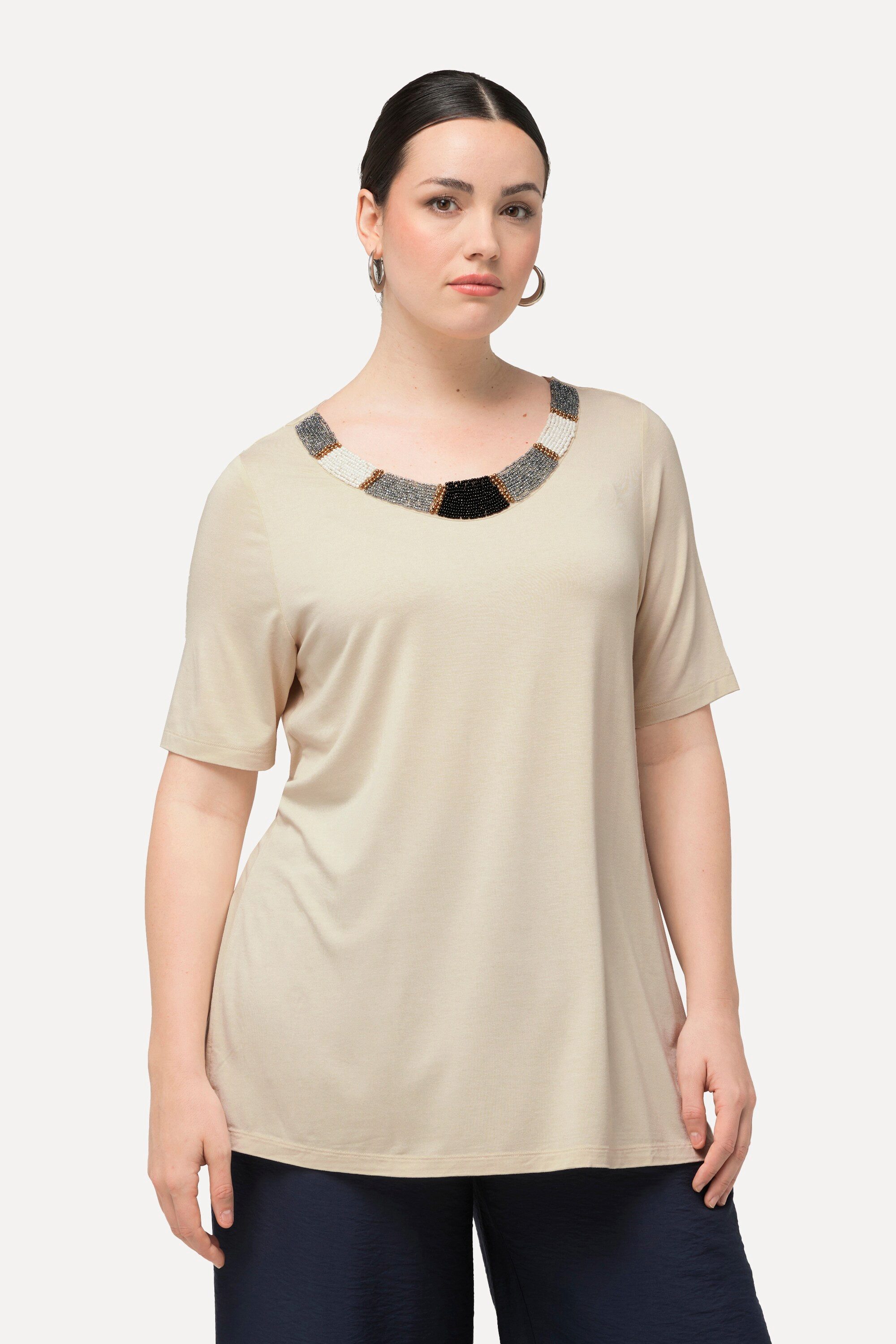 Ulla Popken T-Shirt T-Shirt Perlenstickerei A-Linie Rundhals Halbarm günstig online kaufen