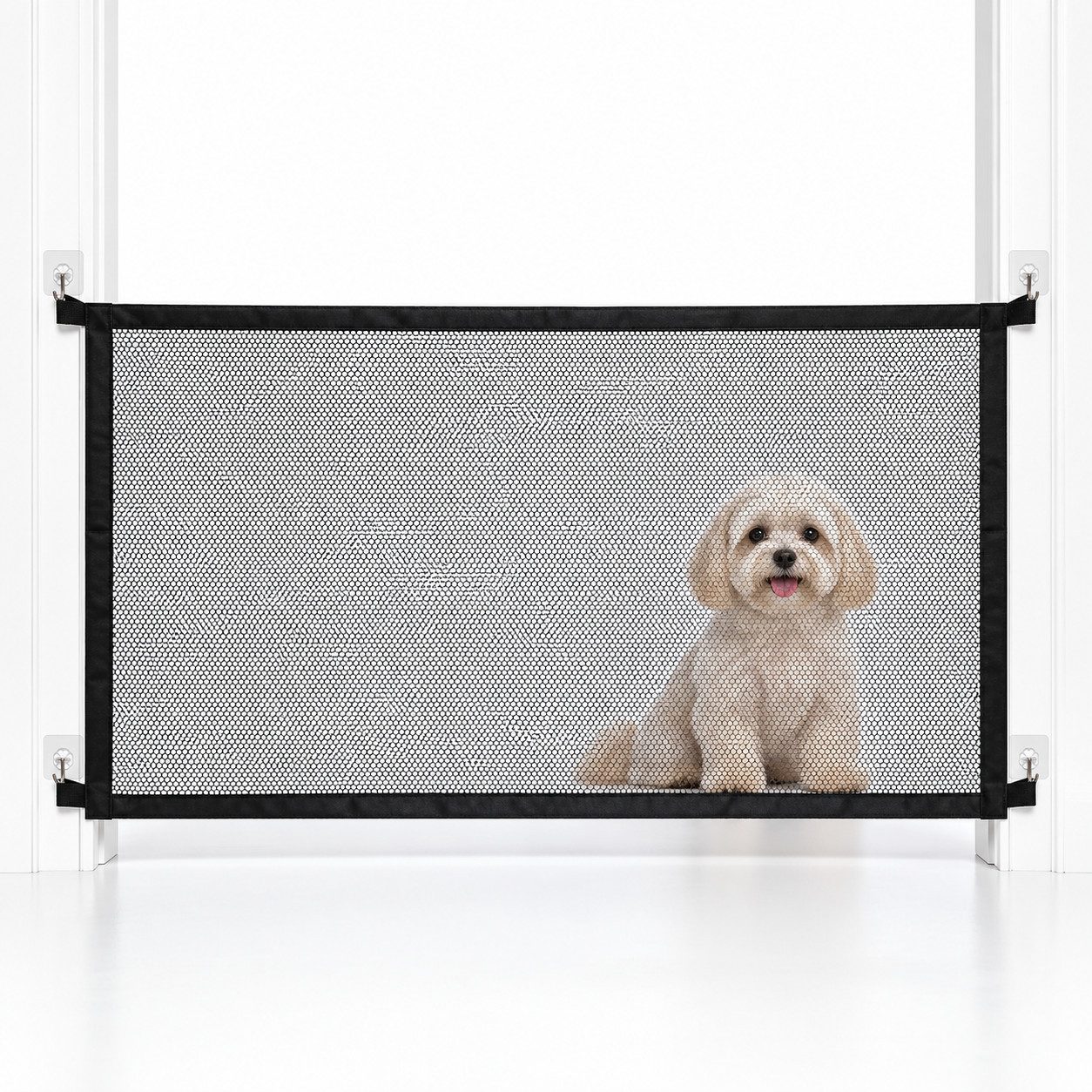 FLOCKI Pets™ Hundegitter Hundegitter Netz ohne Bohren, Türschutzgitter für Hunde & Katzen (Komplett-Set), Montage ohne Bohren, durchsichtiges Netz, faltbar