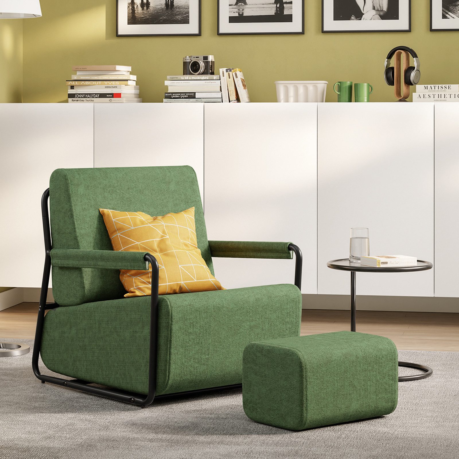 SoBuy Sessel FST99, Relaxsessel mit Schlaffunktion, Hocker integriert (1er Set), Grün, strukturiertes Stoffgewebe, verstellbare Rückenlehne