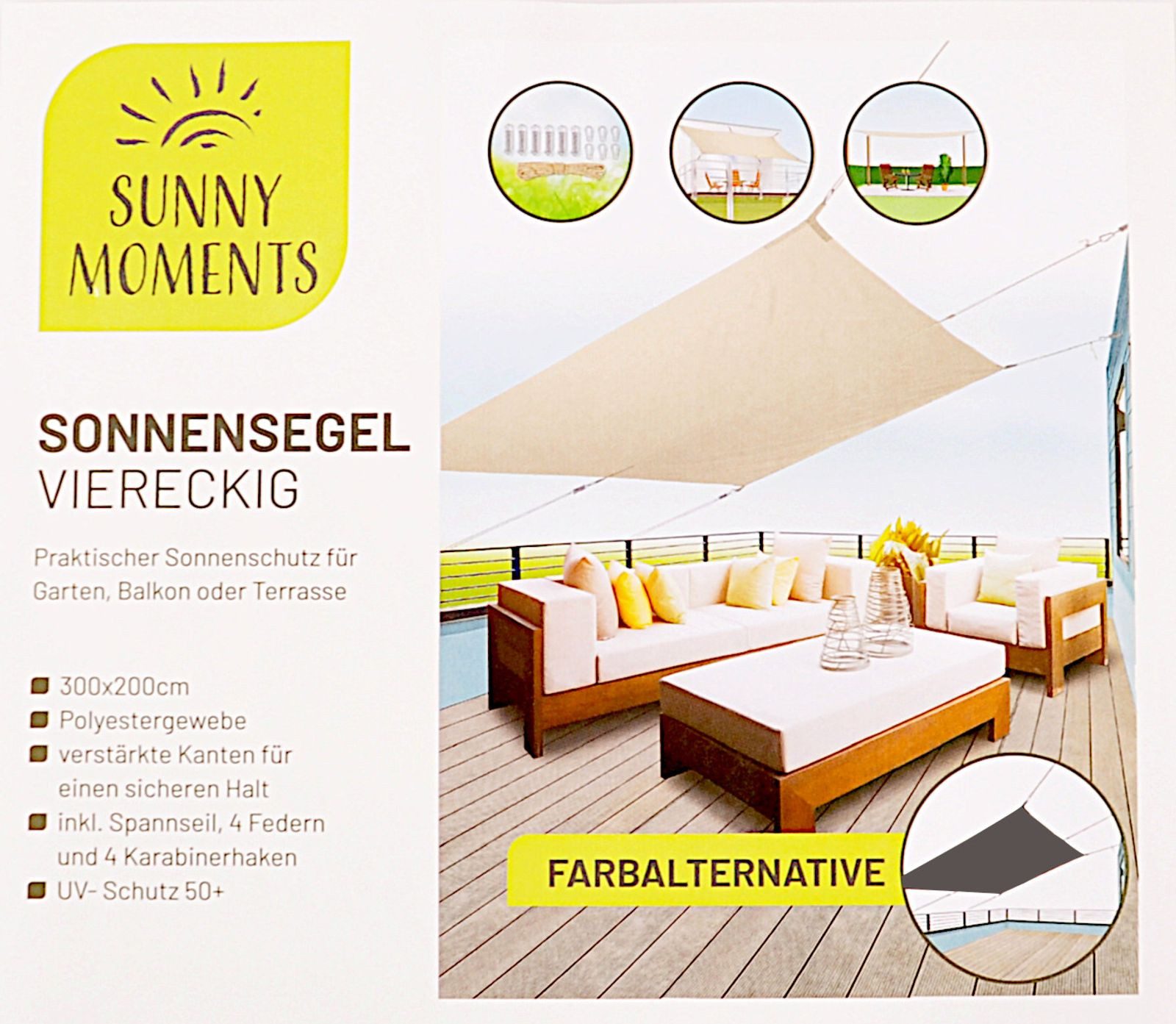 BURI Sonnensegel Sonnensegel Rechteckig 300x200cm grau oder natur Garten Terrasse UV50+