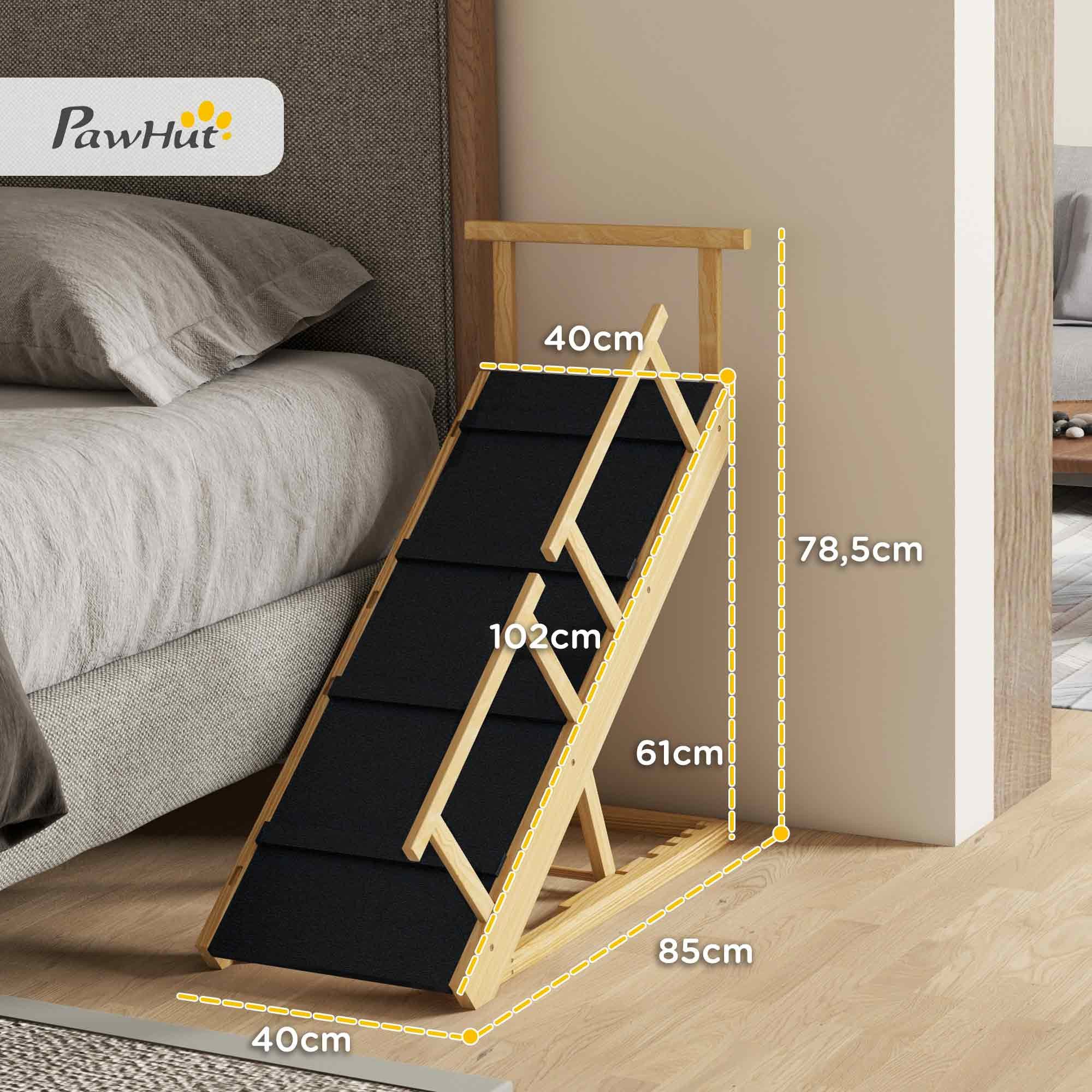 PawHut Hunderampe für Bett und Couch, mit Geländer, Anti-Rutsch-Pad, 85 cm (Hundetreppe, 1-St., Haustier-Rampe), für Haustiere unter 40kg, Naturholz