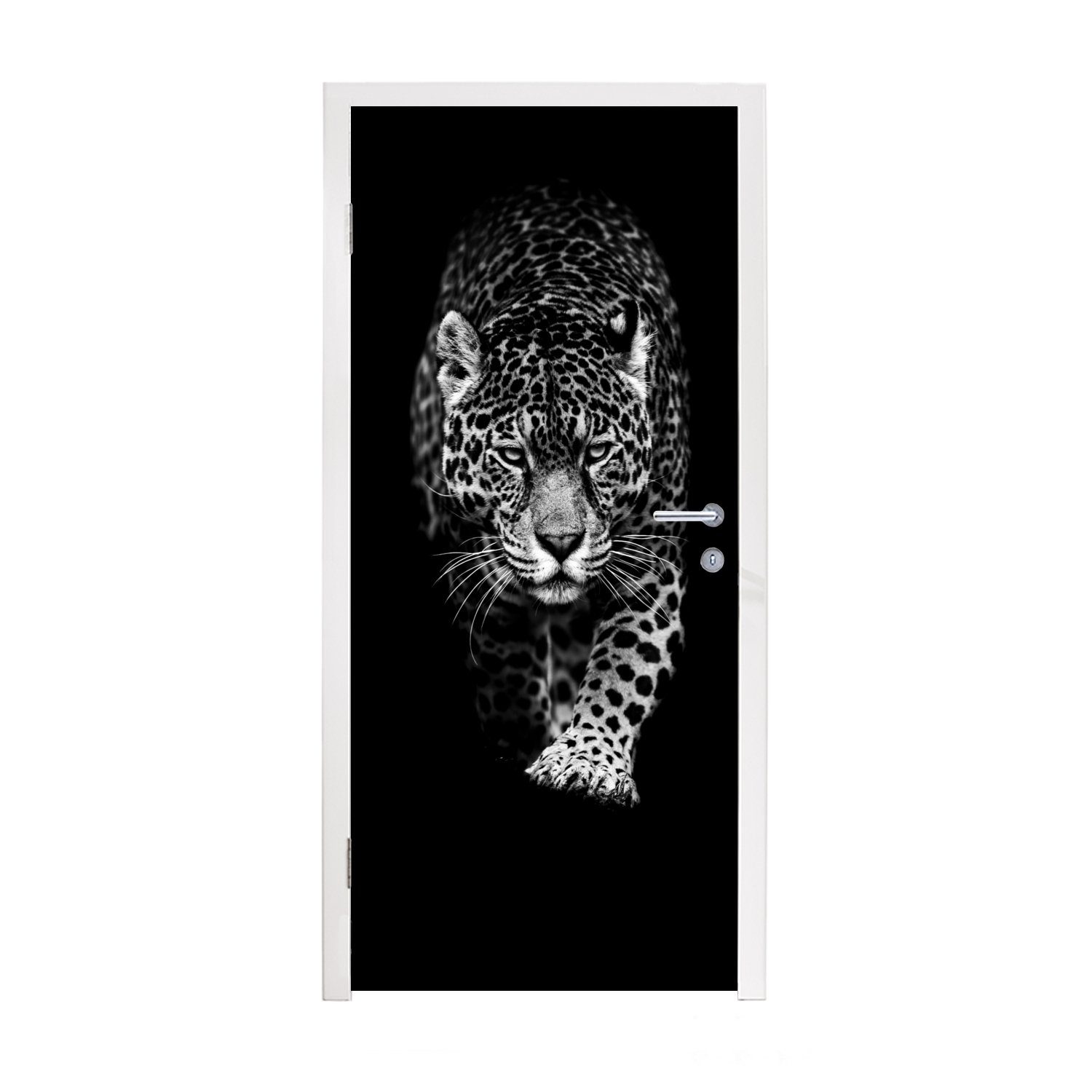 MuchoWow Türtapete Tiere - Schwarz - Leopard - Weiß - Wild, Matt, bedruckt, (1 St), Fototapete für Tür, Türaufkleber, 75x205 cm