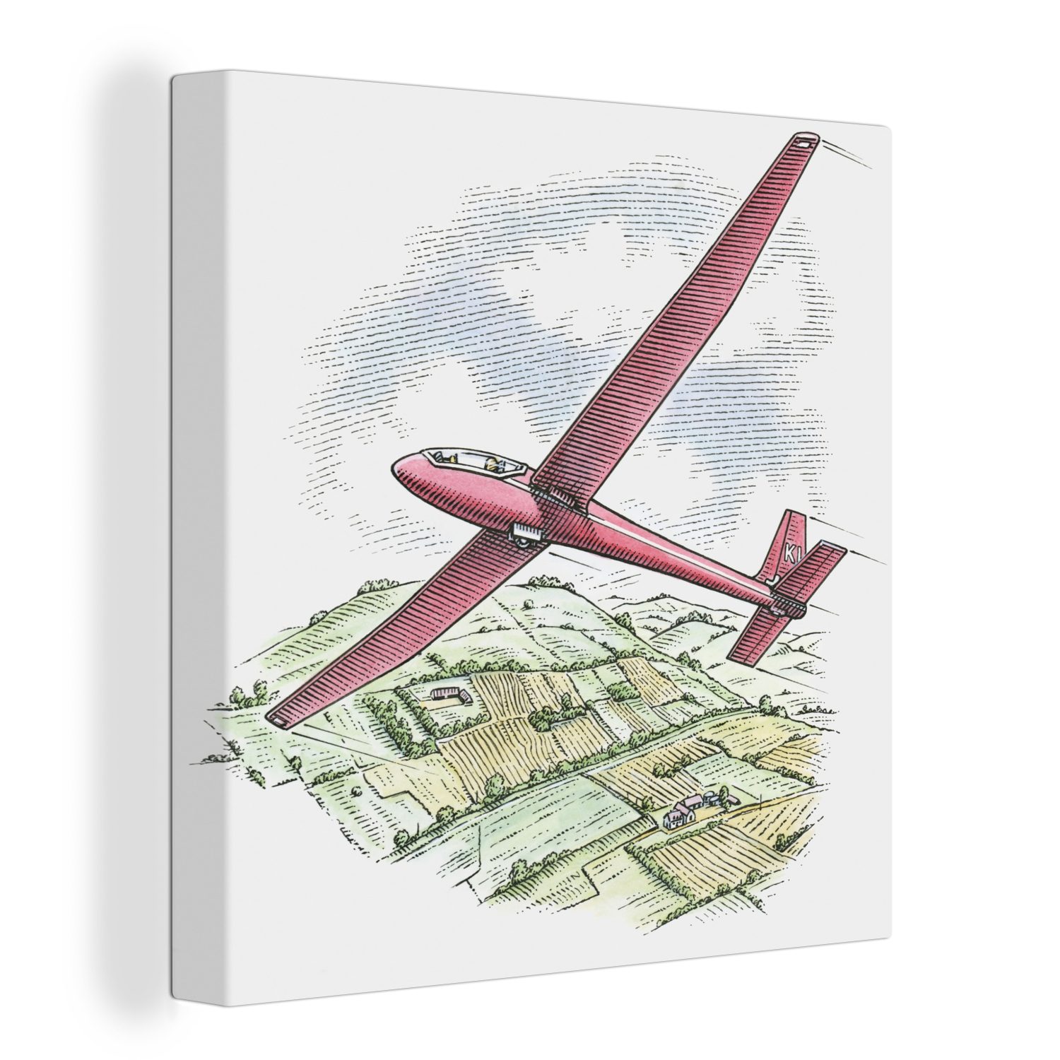 OneMillionCanvasses® Leinwandbild Eine Illustration eines Segelflugzeugs, das über die Landschaft fliegt, (1 St), Leinwand Bilder für Wohnzimmer Schlafzimmer